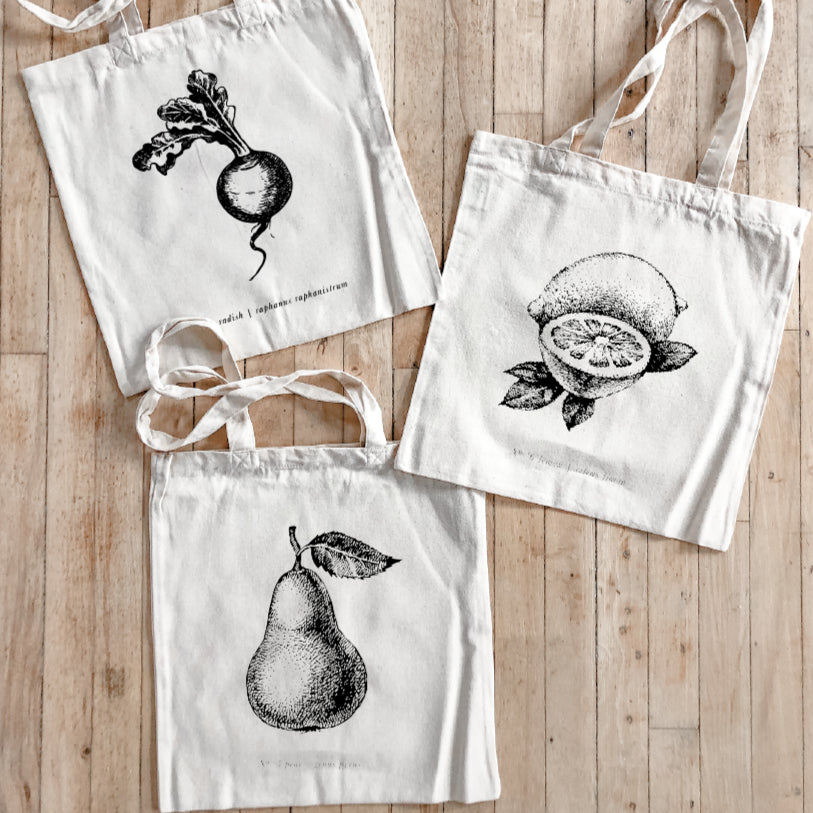 Tote Bags - FruitsVeggies Black + White