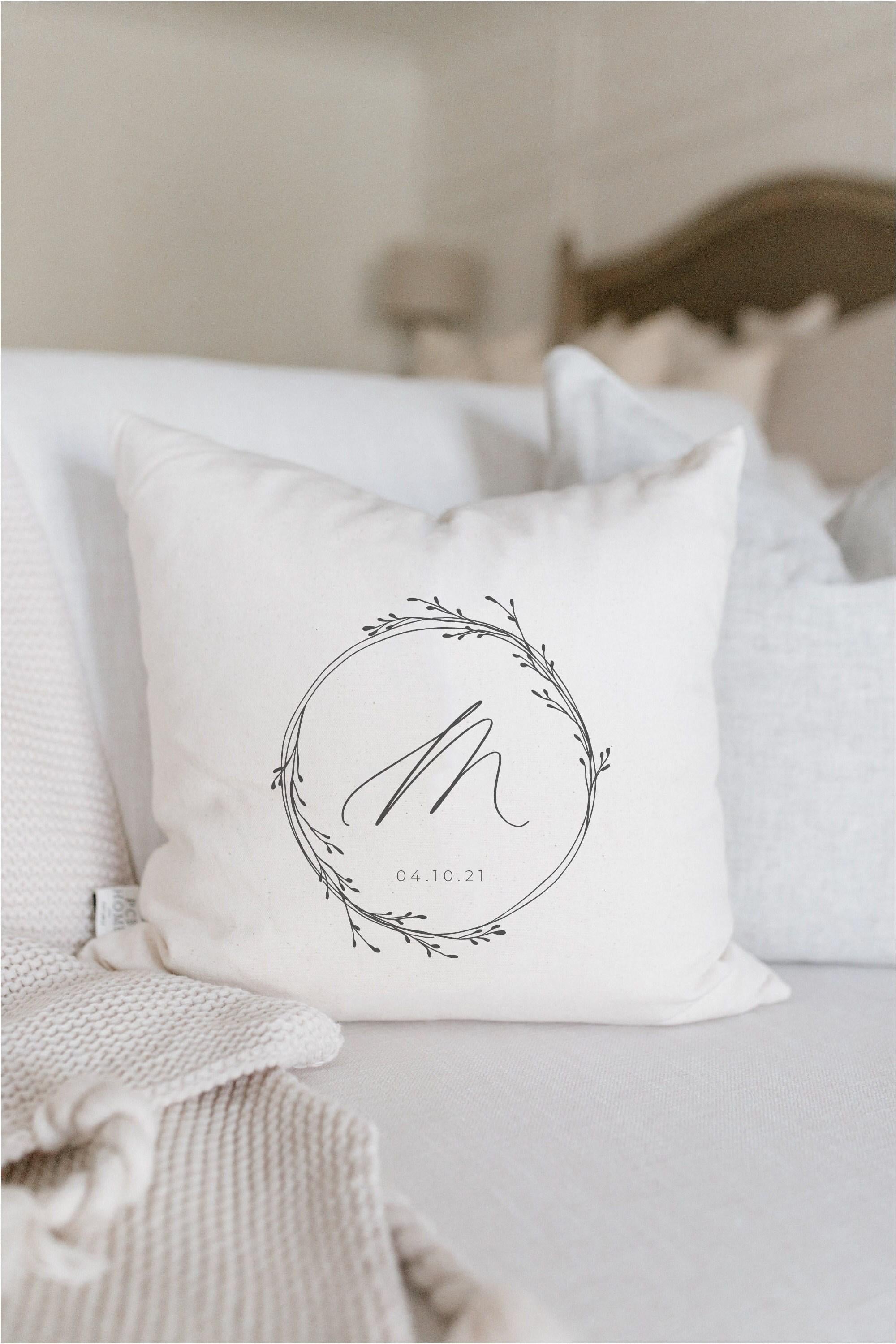 Personalized Initial Throw Pillow: Cotton Wreath, Custom Calligraphy