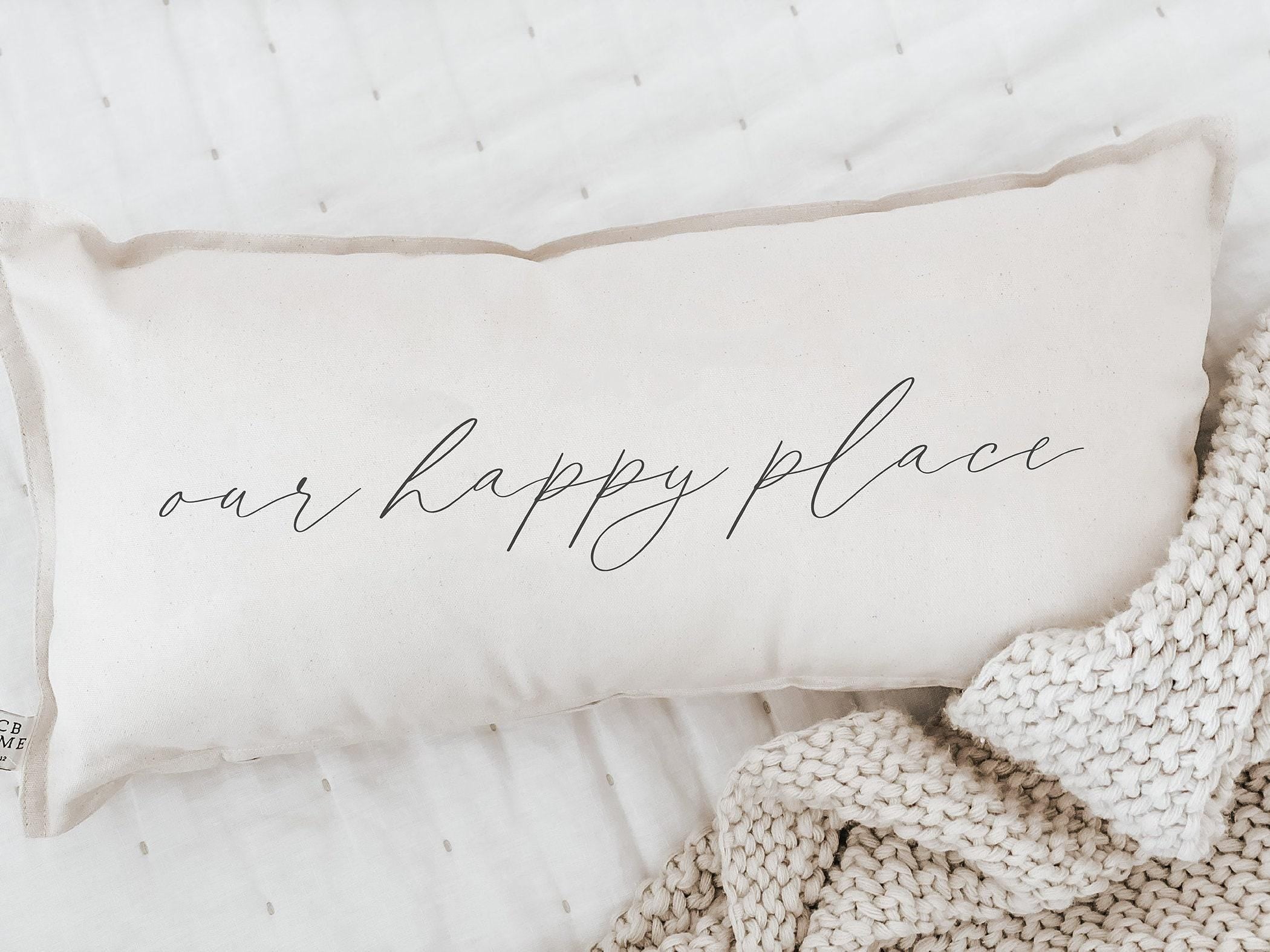 Lumbar Pillow - Our Happy Place - Farmhouse Style, Handmade in USA, Organic Cotton, Calligraphy, Housewarming gift, Cushion Cover, Present