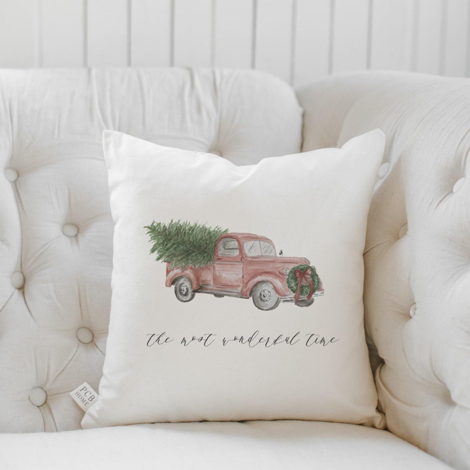 Christmas Throw Pillow -  The Most Wonderful Time Watercolor Truck, Handmade in USA, 100% Organic Cotton, Home Decor, Cute, Cushion Cover