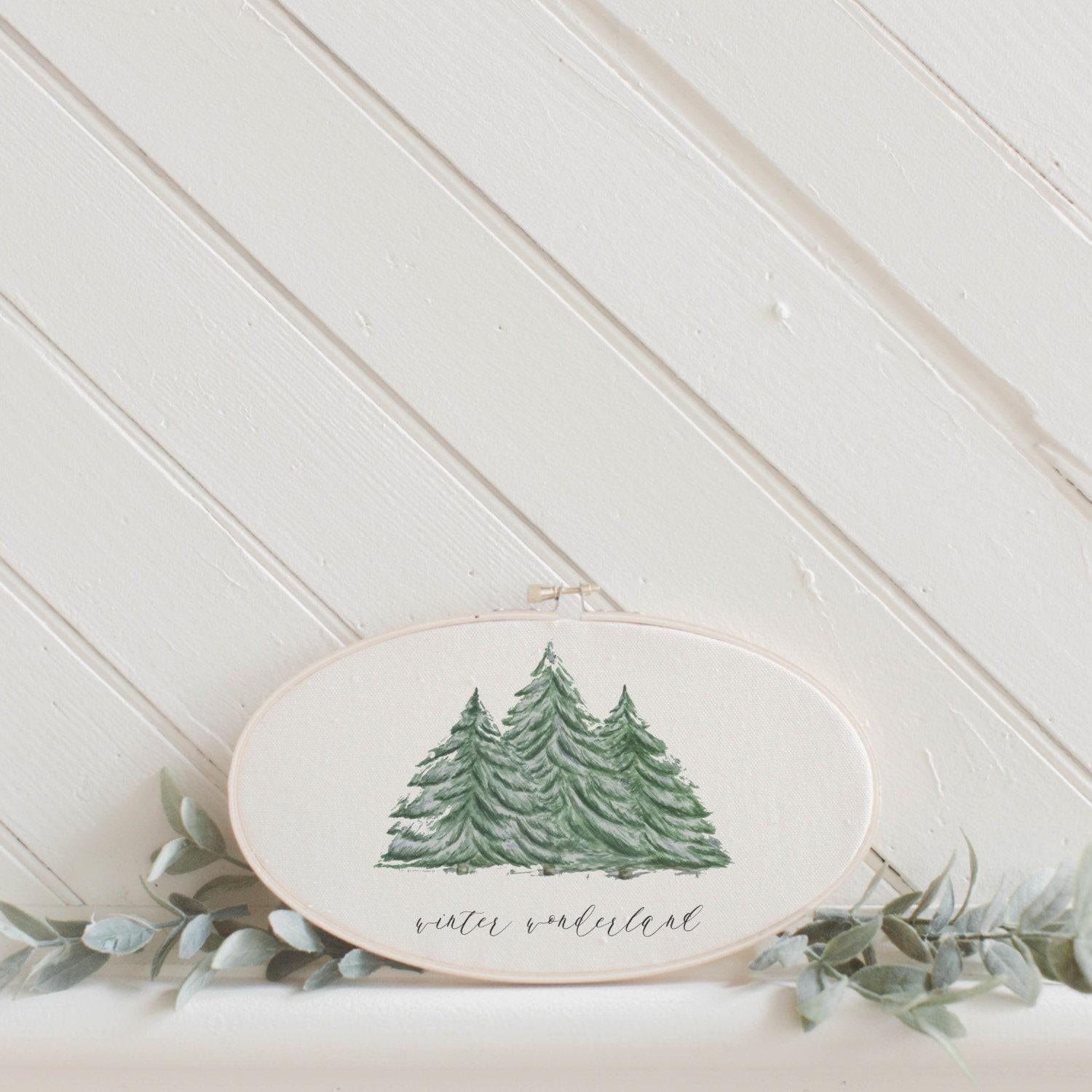 Christmas Printed Embroidery Hoop - Winter Wonderland Watercolor, Christmas gift, holiday present, seasonal decor