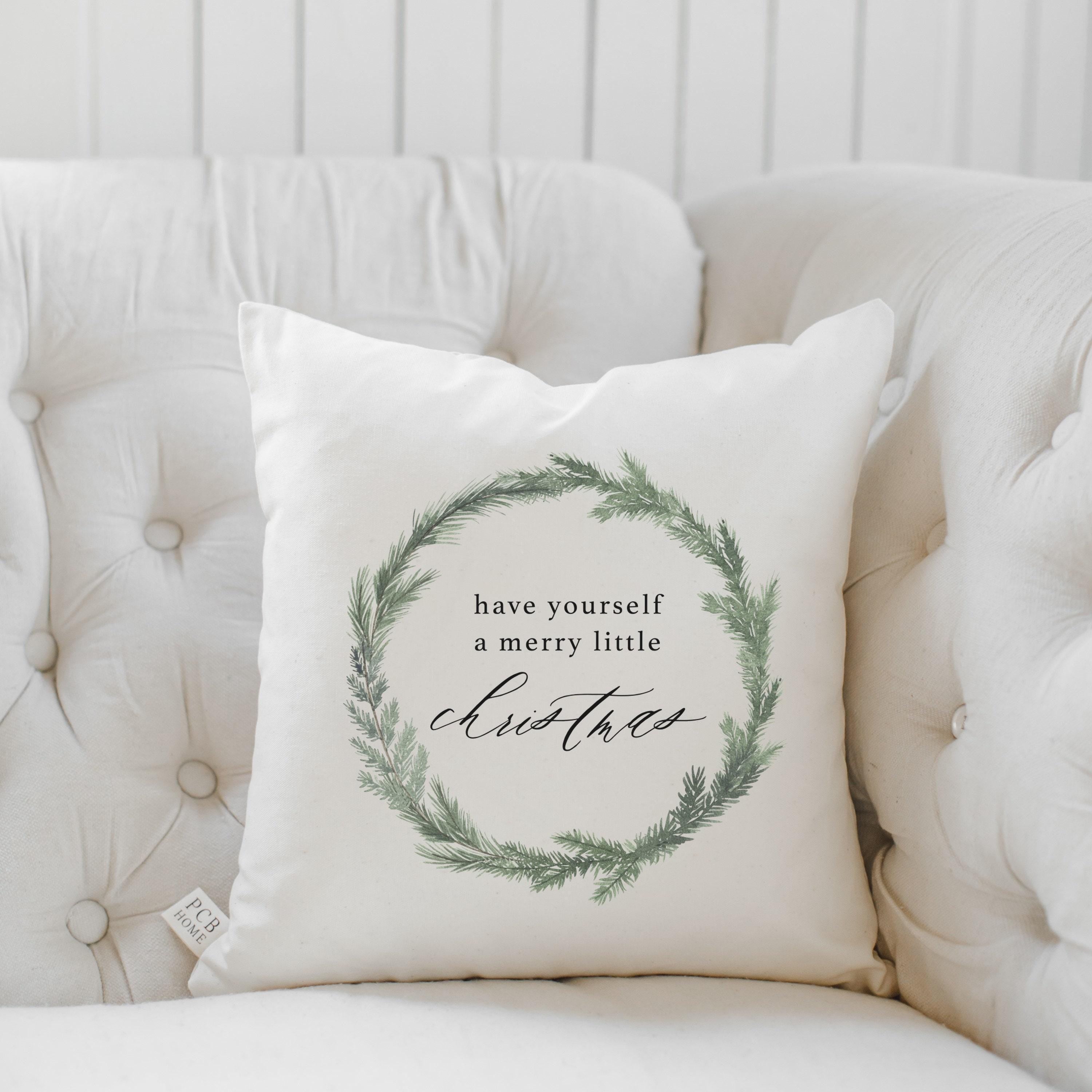 Christmas Throw Pillow - Have Yourself a Merry Little Christmas Wreath, Handmade in USA, 100% Organic Cotton, Home Decor, Cushion Cover