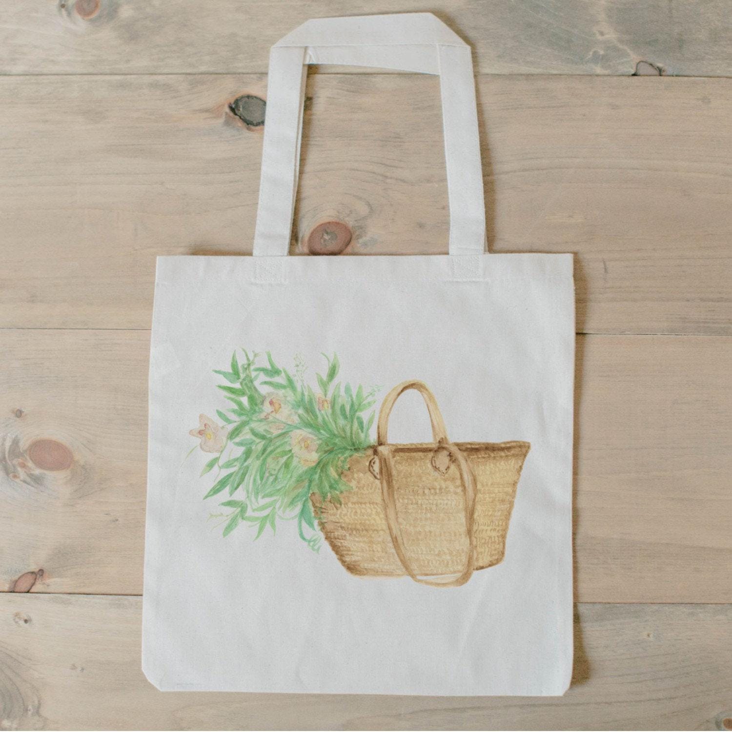 Tote Bags - Market Basket Flowers Watercolor