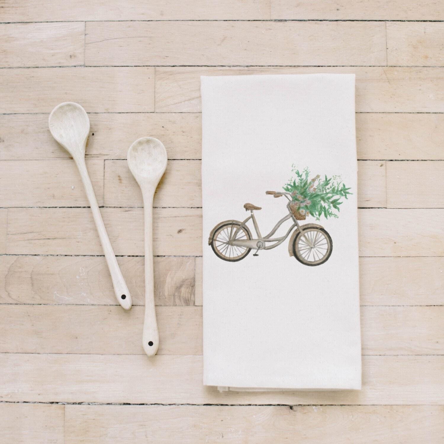 Floral Bike Watercolor Tea Towel - Organic Cotton Kitchen Decor