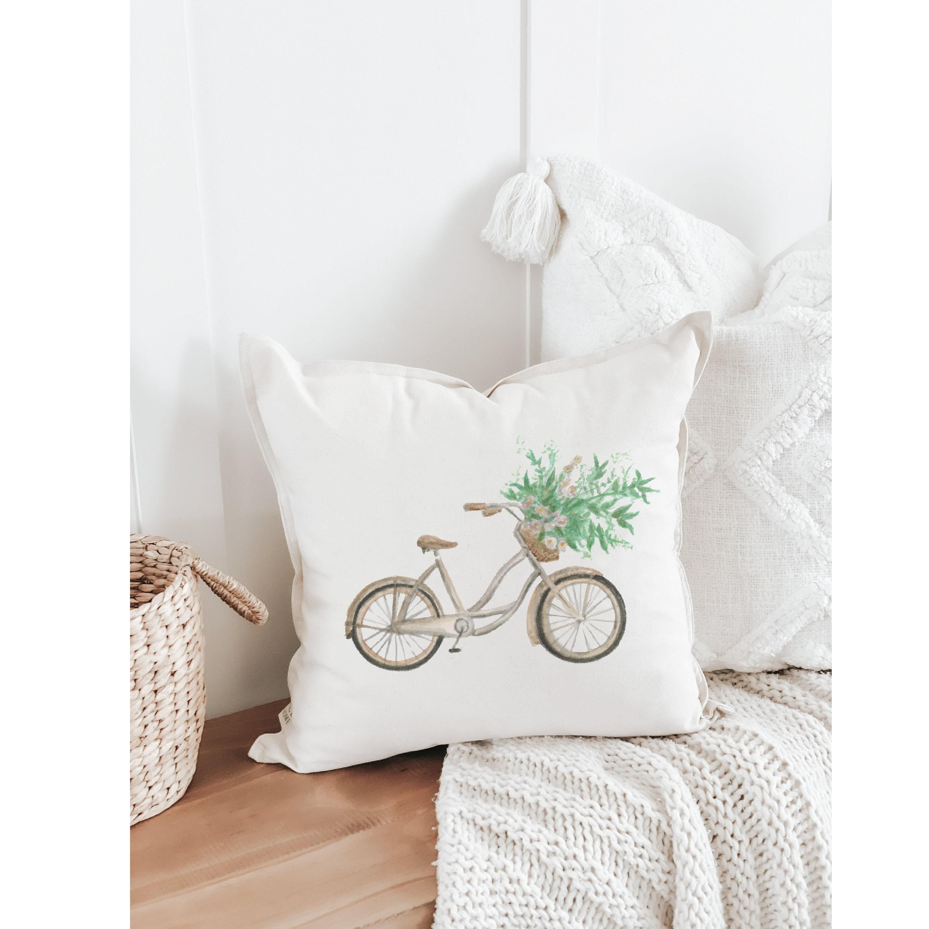Floral Bike Throw Pillow: Organic Cotton Watercolor Cushion Cover