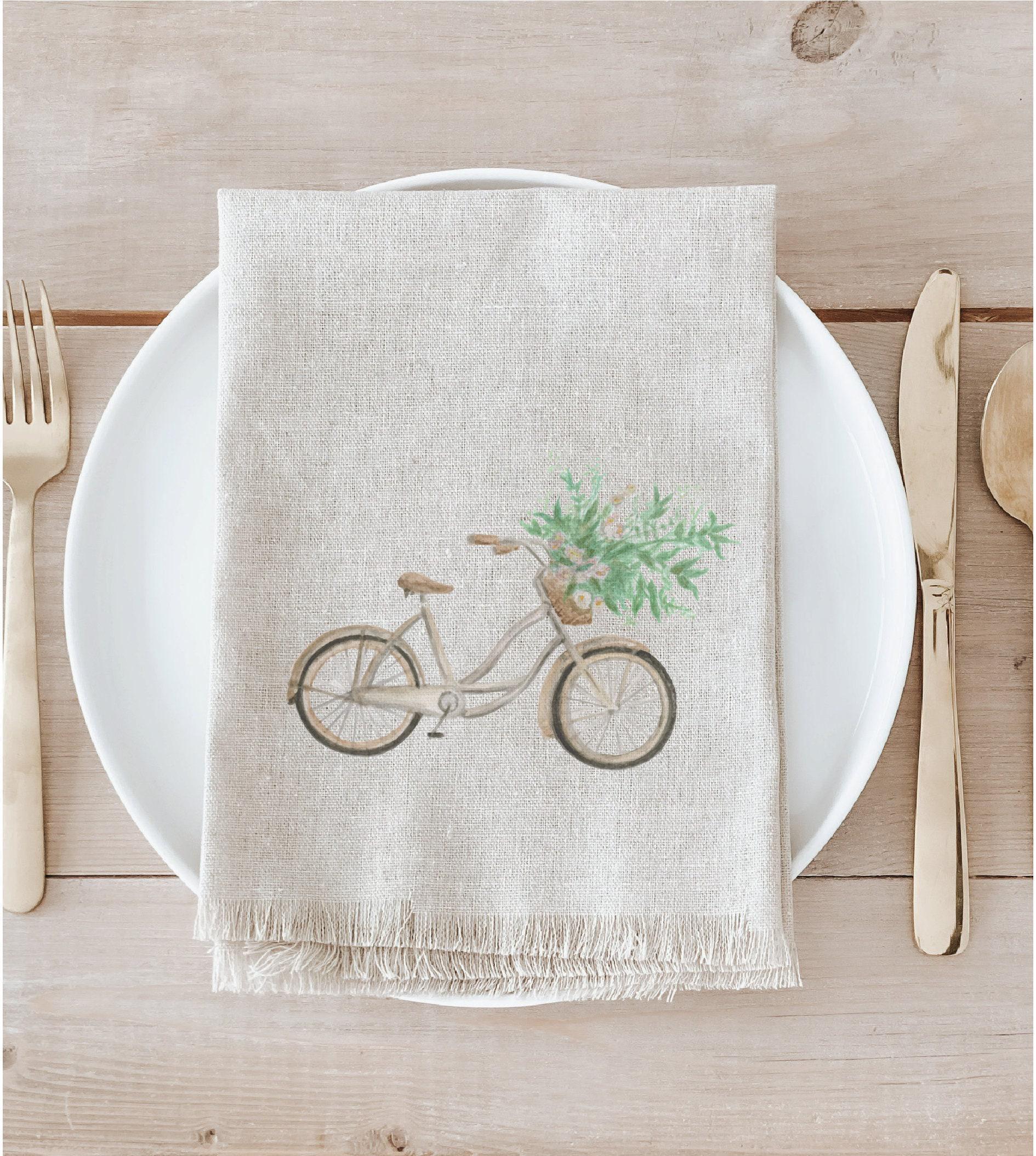 Floral Bike Linen Napkin: Rustic Farmhouse Table Decor