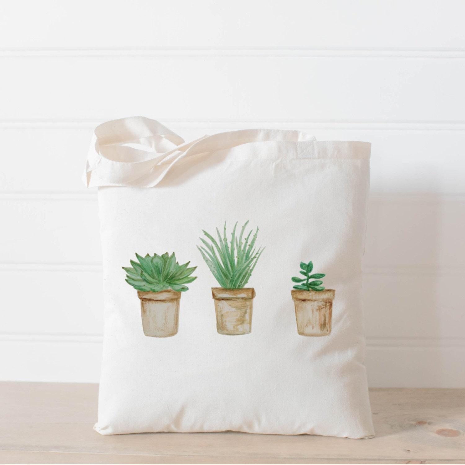 Watercolor Potted Succulents Tote Bag: Organic Cotton
