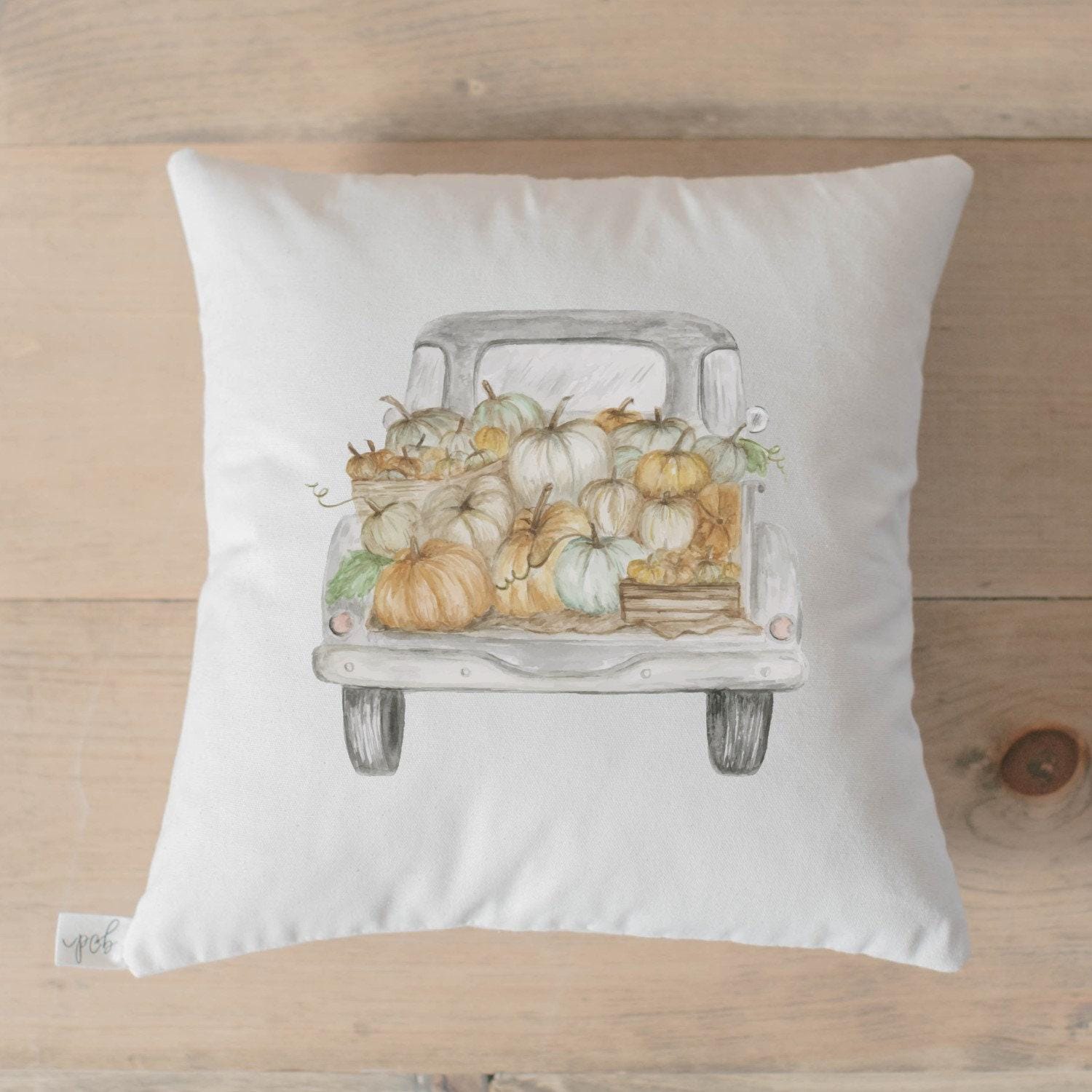 Throw Pillow - Pumpkin Truck Watercolor, calligraphy, home decor, fall decor, housewarming gift, cushion cover, throw pillow, seasonal