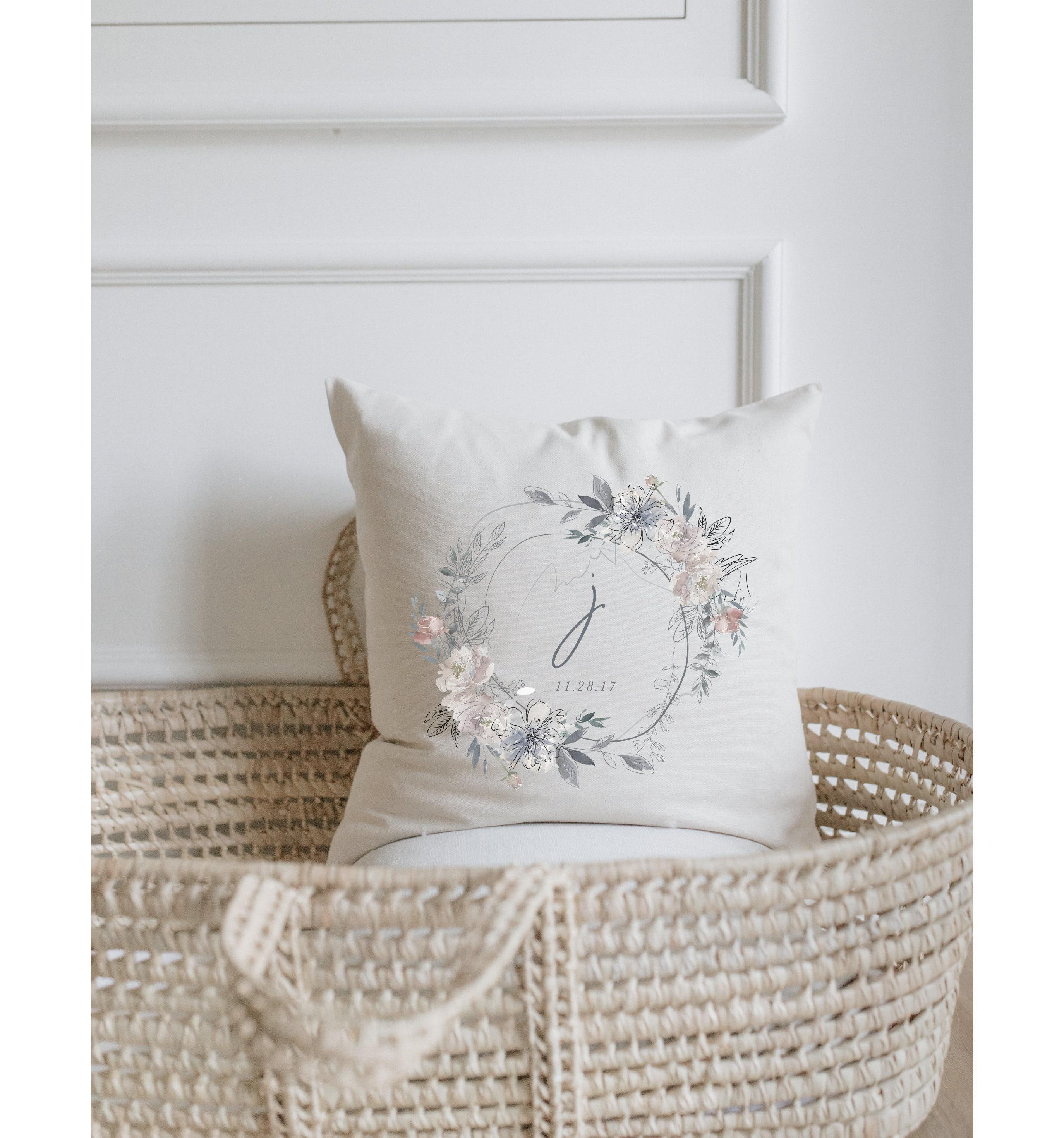 Throw Pillow - Personalized Baby Initial with Floral Wreath - Farmhouse Style, 100% Organic Cotton, Calligraphy Décor, Housewarming gift