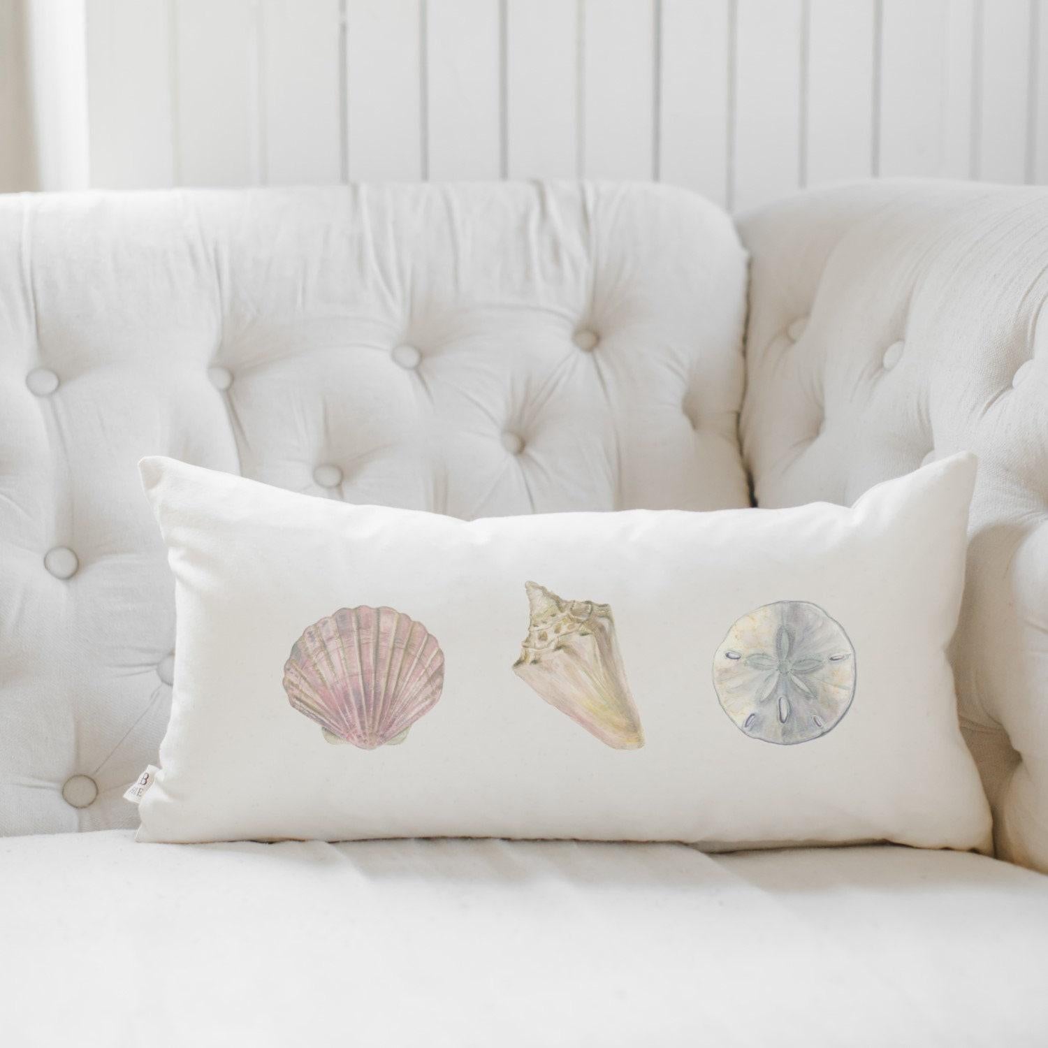 Seashell Lumbar Pillow: Watercolor Ocean Design, Handmade Organic Cotton
