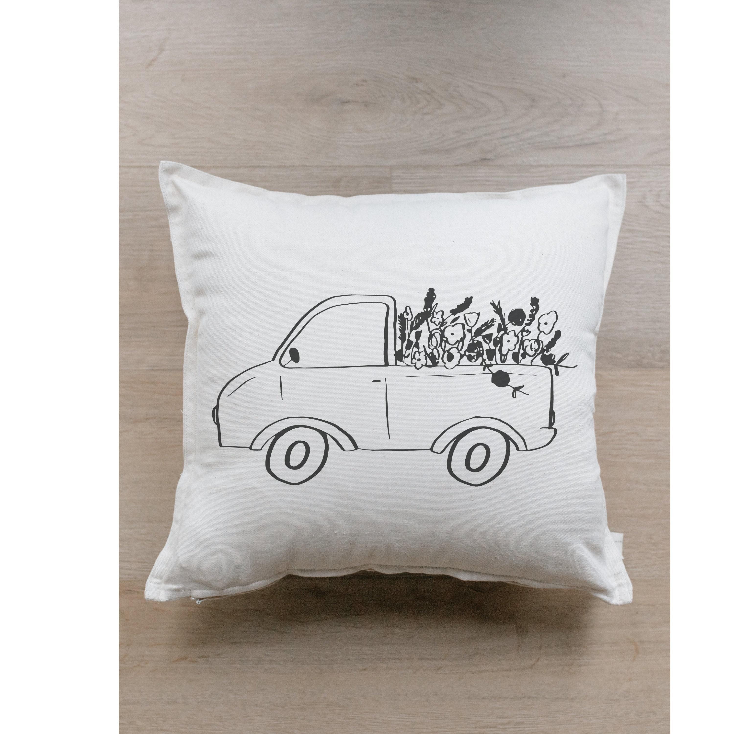 Flower Truck Throw Pillow: Organic Cotton Farmhouse Spring Decor