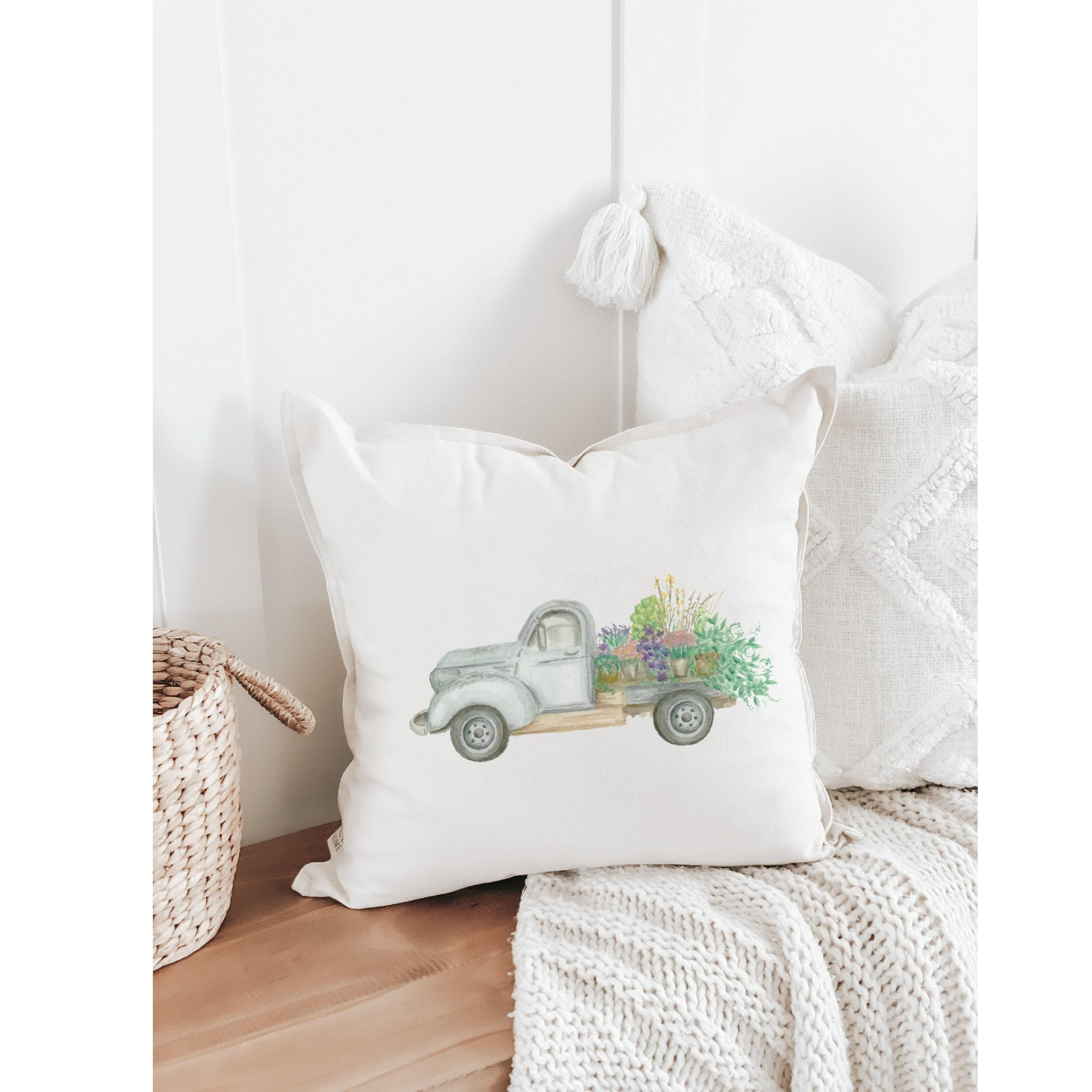 Throw Pillow -  Floral Truck Watercolor - Handmade in USA, Organic Cotton, Home Décor, Housewarming Gift ,Present for Her, Cushion Cover