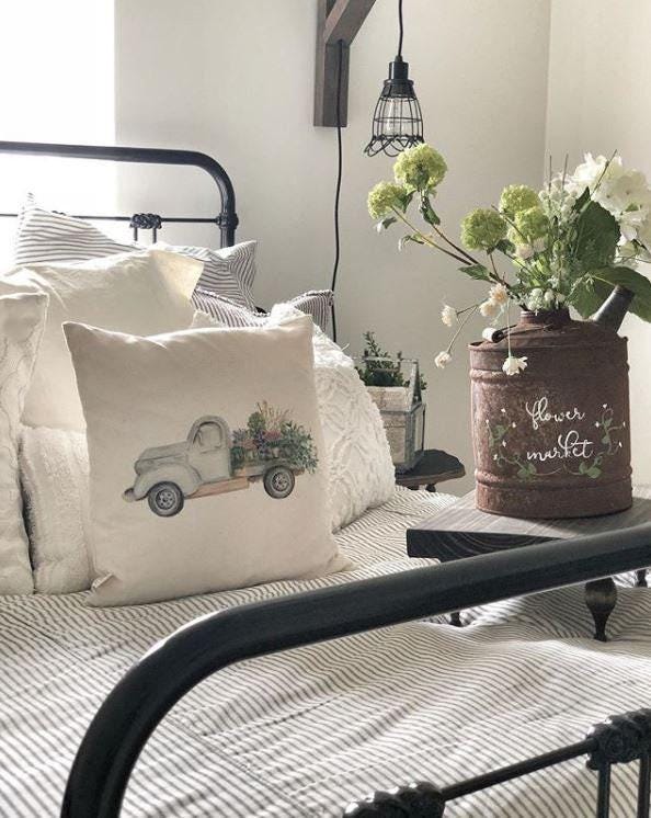 Throw Pillow -  Floral Truck Watercolor - Handmade in USA, Organic Cotton, Home Décor, Housewarming Gift ,Present for Her, Cushion Cover