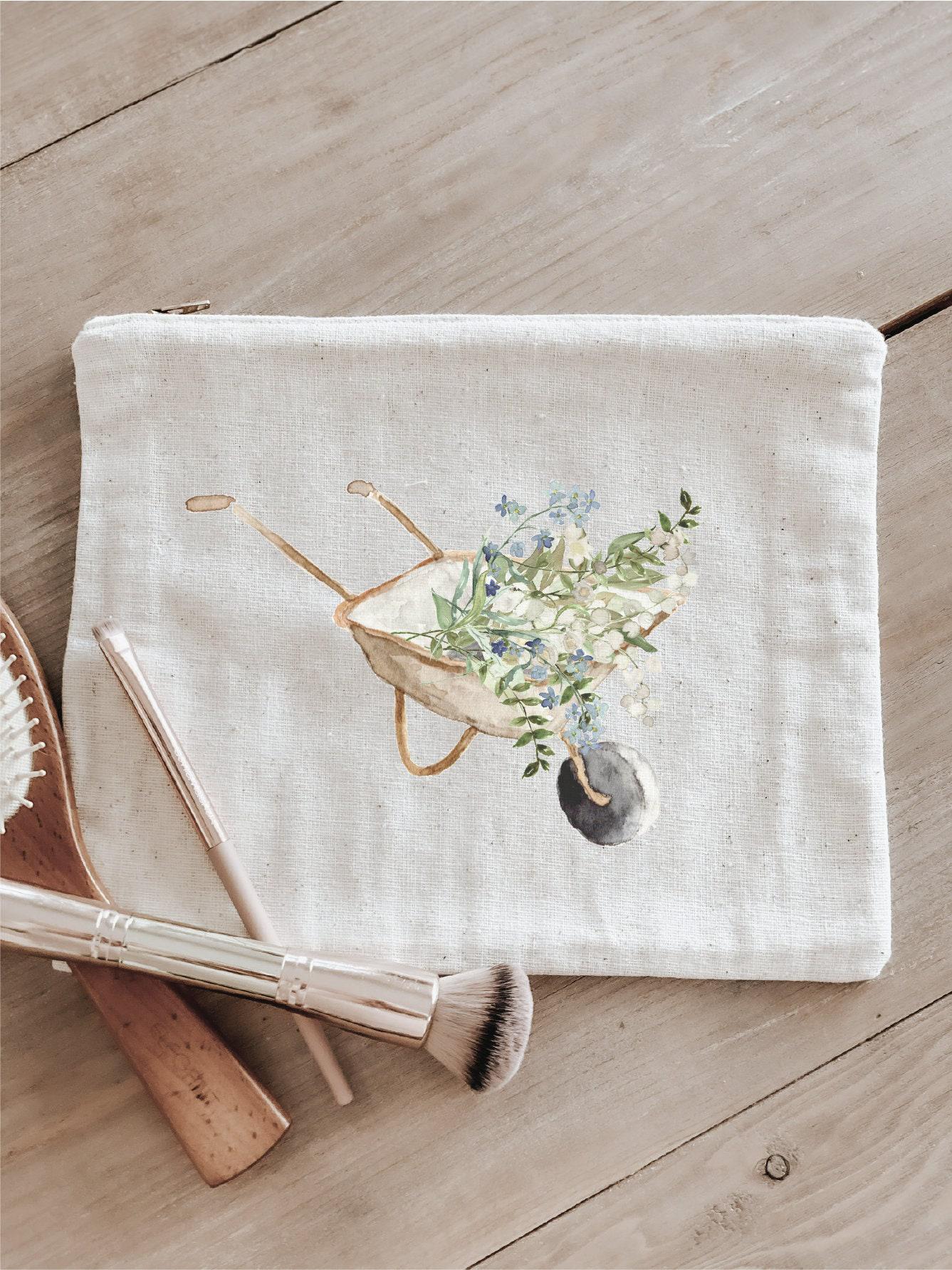 Cosmetic Bag - Floral Wheelbarrow, Handmade in USA, 100% Organic Cotton, Shop Small, Pencil Case, Bridesmaid Gift, Wedding Favor