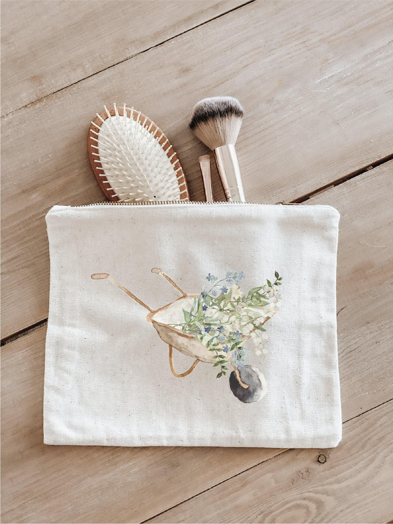 Cosmetic Bag - Floral Wheelbarrow, Handmade in USA, 100% Organic Cotton, Shop Small, Pencil Case, Bridesmaid Gift, Wedding Favor