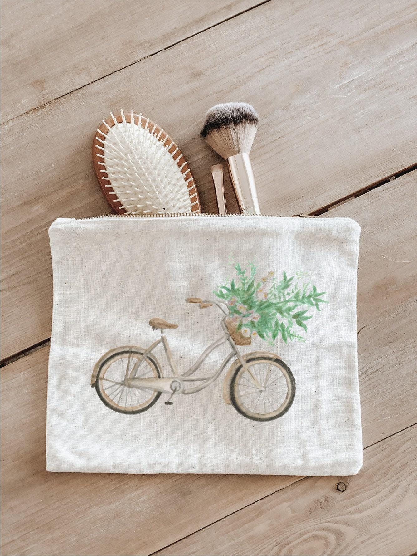 Floral Bike Cosmetic Bag: Organic Cotton Pencil Case, USA Handmade