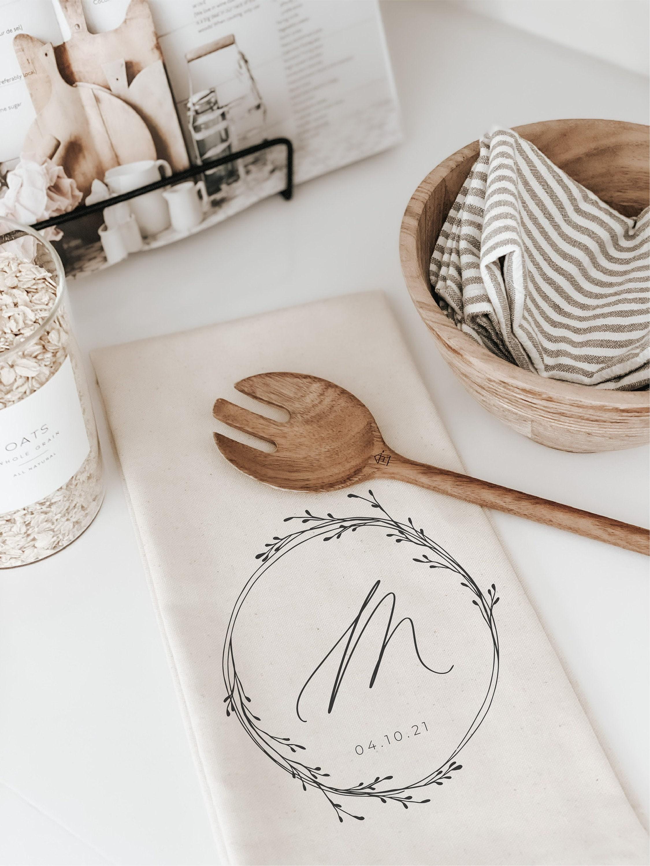 Kitchen Towel - Personalized Wreath Last Name Initial and Date - Made in the USA, housewarming gift, wedding favor, kitchen decor