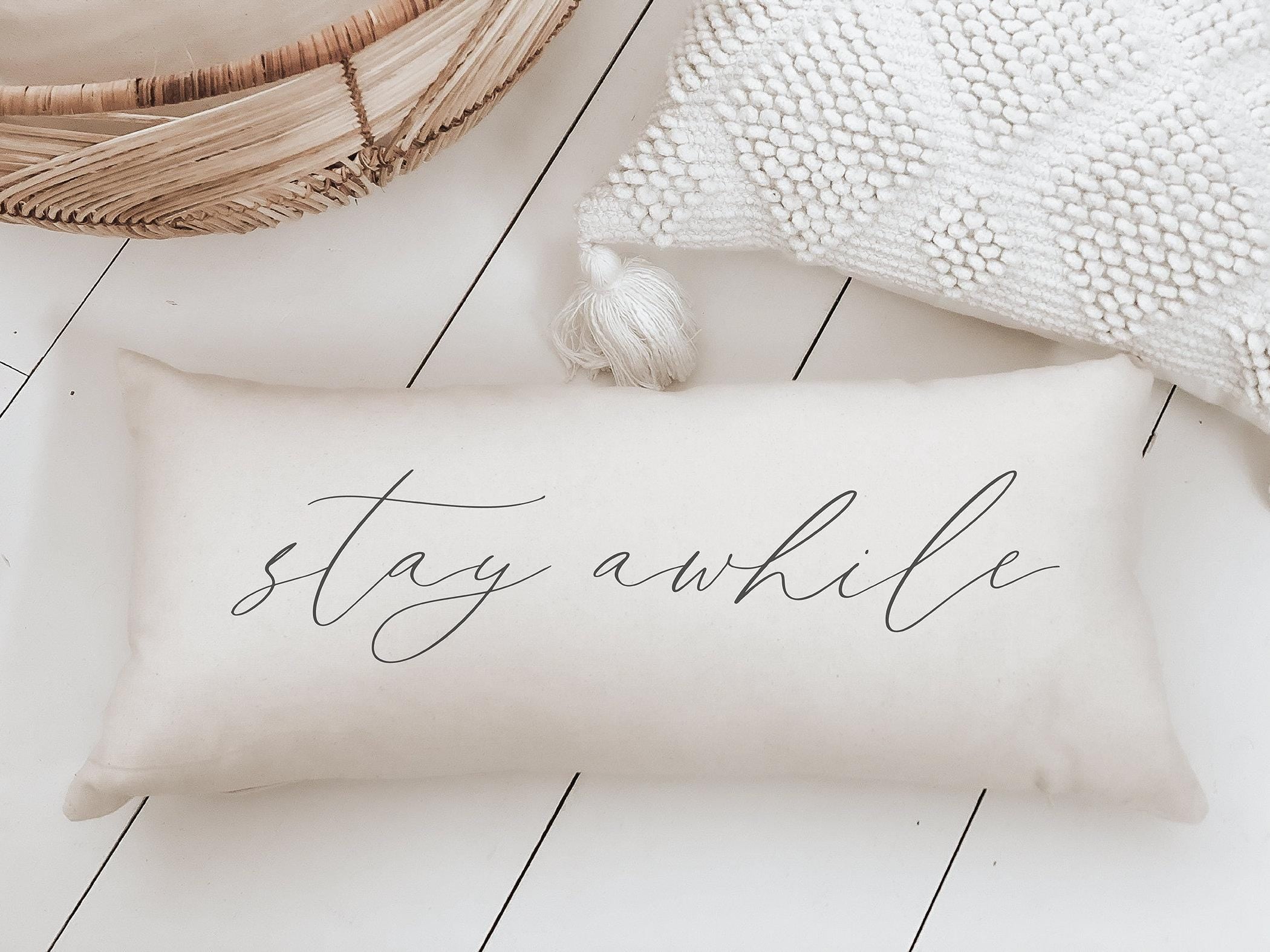 Lumbar Pillow - Stay Awhile - Guest Room, Handmade in USA, 100% Organic Cotton, Lettered Home Décor, Shop Small, Housewarming gift