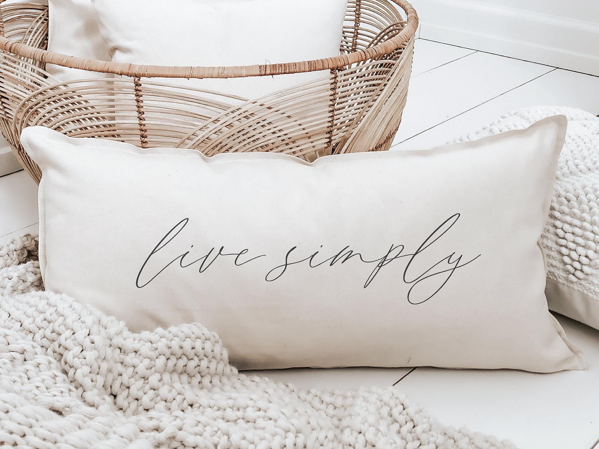 Live Simply Lumbar Pillow: Farmhouse Lettered Decor