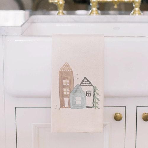 KV x PCB - Winter Houses Tea Towel - Made in the USA, housewarming gift, wedding favor, kitchen decor, anniversary present, kindred vintage