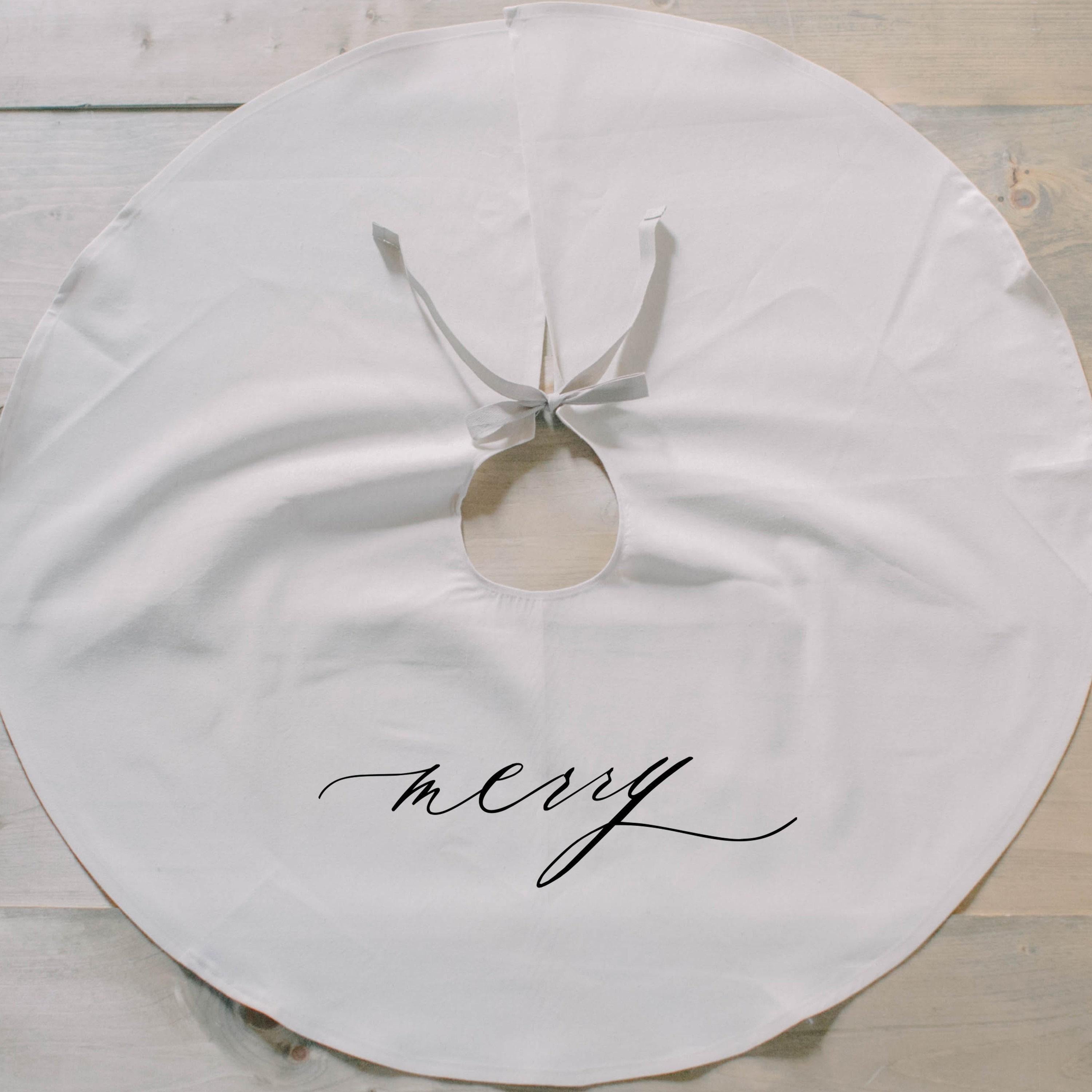 Tree Skirt - Merry Script, Christmas home decor, seasonal, present, seasonal decor, winter, holidays, christmas tree