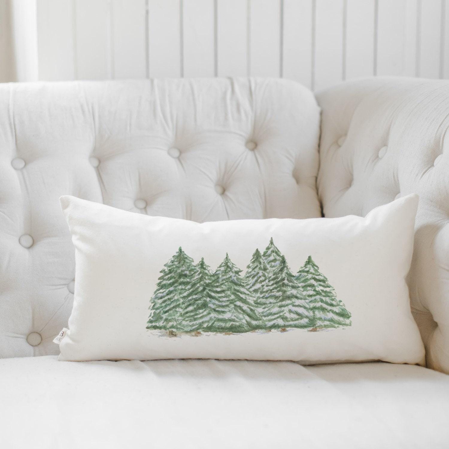 Christmas Lumbar Pillow - Watercolor Christmas Trees - Handmade in USA, Organic Cotton, Watercolor Home Decor, Seasonal Decor, Cushion Cover