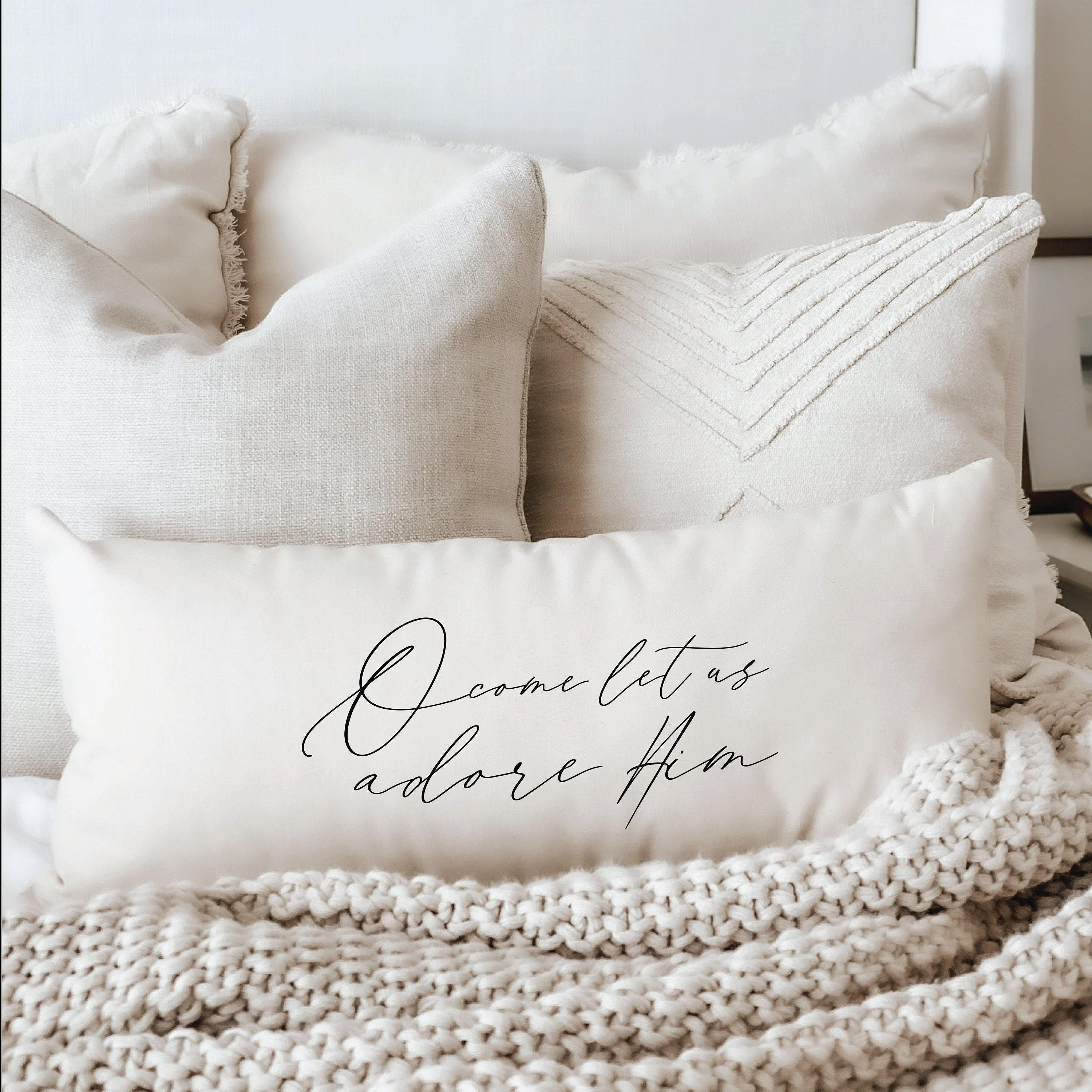 Lumbar Pillow - O Come Let Us Adore Him, Christmas decor, calligraphy, home decor, holiday, cushion cover, cushion sham, seasonal pillow