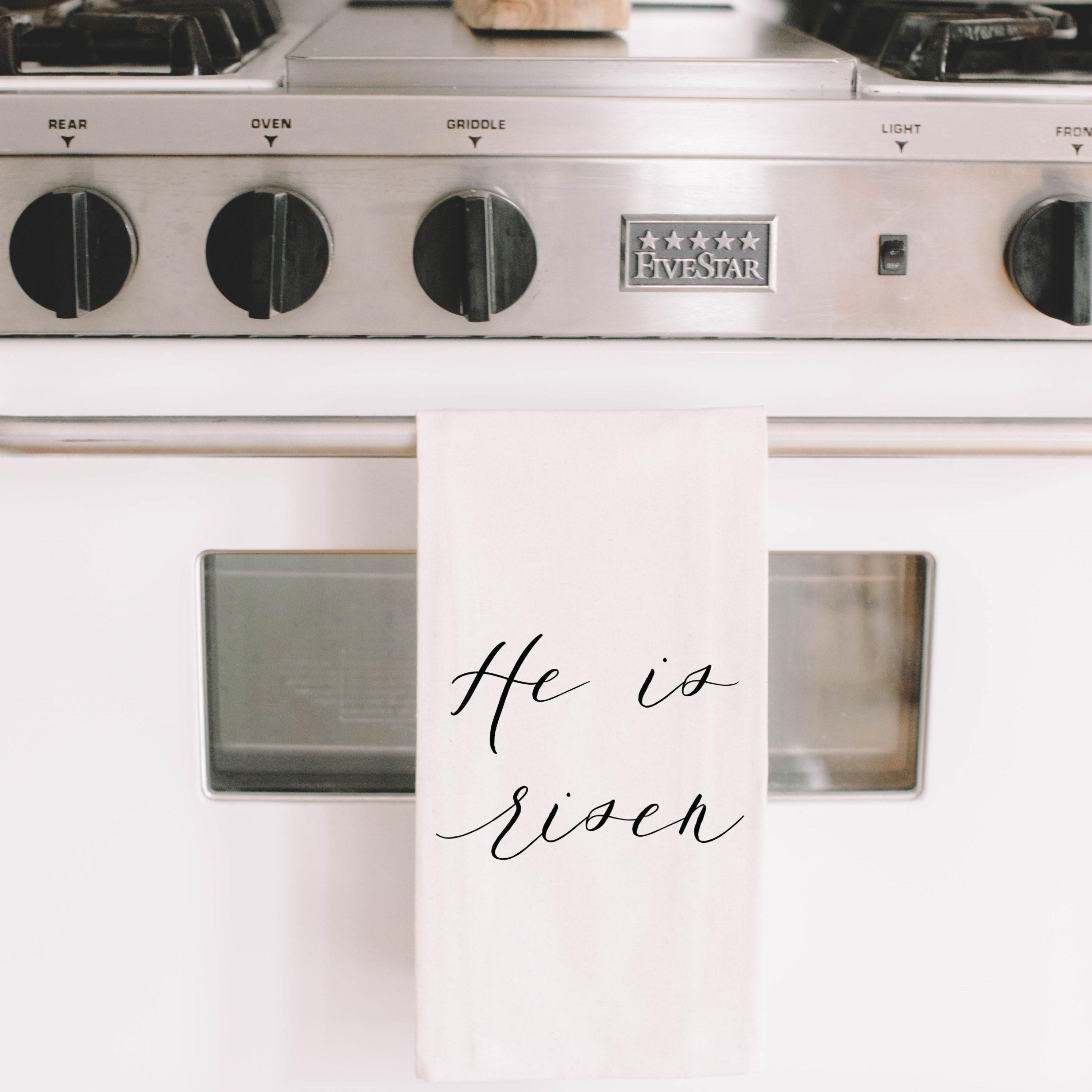 Tea Towel - He is Risen - Made in USA, housewarming gift, wedding favor, kitchen decor, Easter present, calligraphy design
