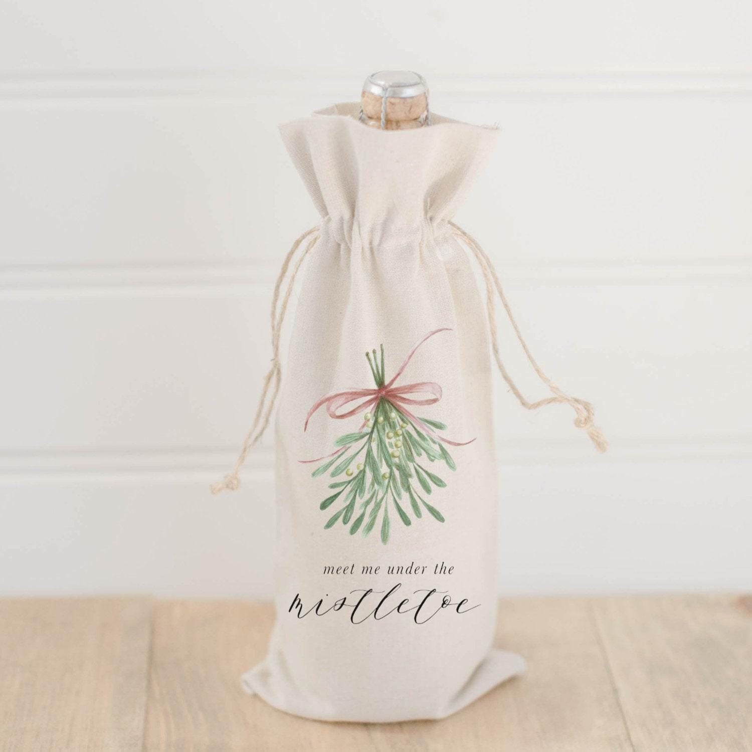 Christmas Wine Bag - Meet Me Under the Mistletoe Watercolor, Seasonal Decor, Christmas Gift for Her, Present, Wine Lover, Hostess Gift