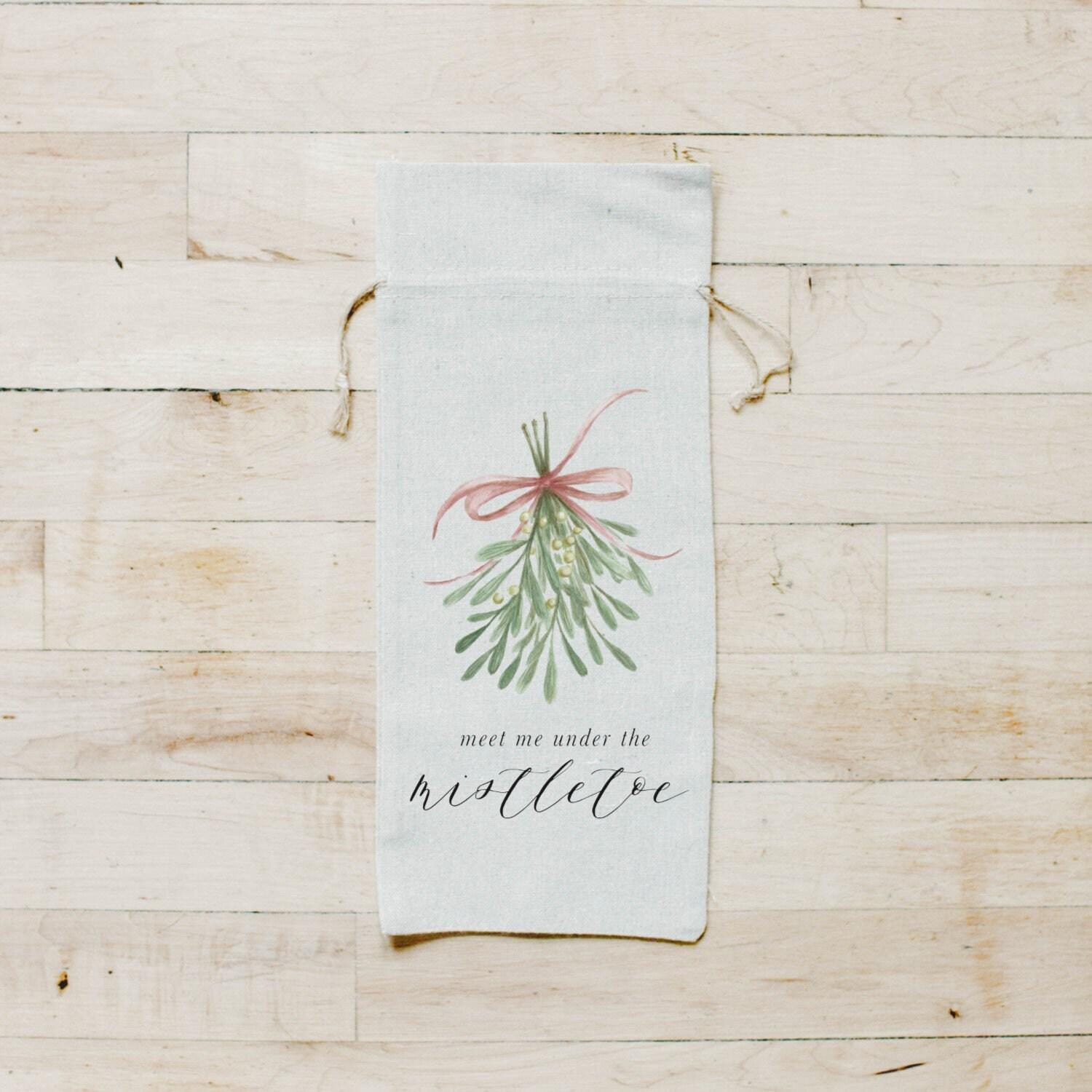Christmas Wine Bag - Meet Me Under the Mistletoe Watercolor, Seasonal Decor, Christmas Gift for Her, Present, Wine Lover, Hostess Gift