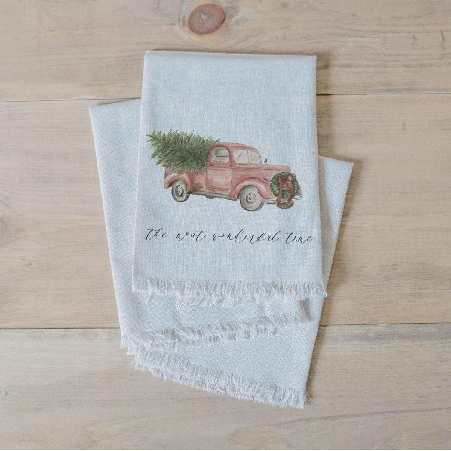 Christmas Napkin Set - Watercolor Christmas Tree Truck, Home Decor, Housewarming, Tableware, Place Setting, Table Setting, Seasonal Decor