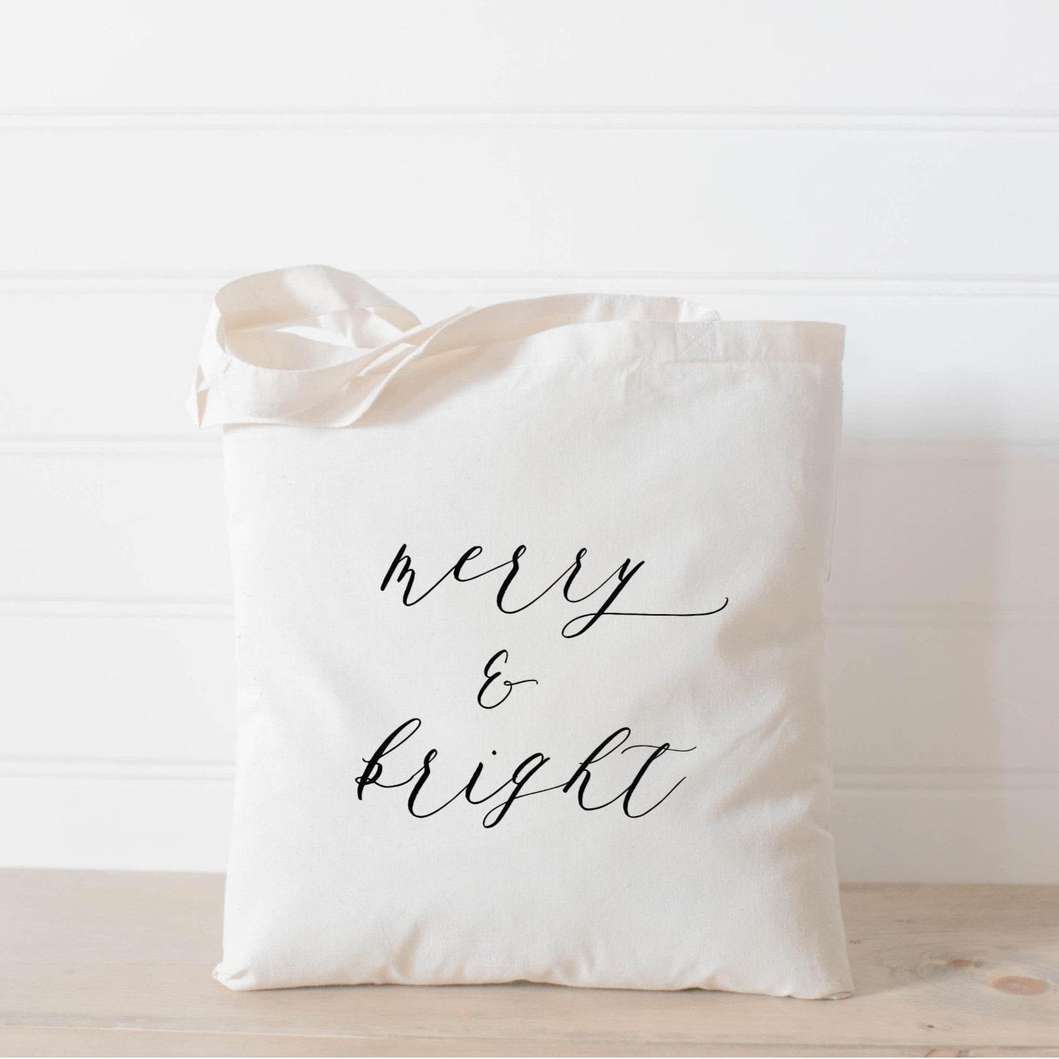 Christmas Tote Bag - Merry & Bright, Winter present, housewarming gift, wedding favor, seasonal gift, Holiday Gift