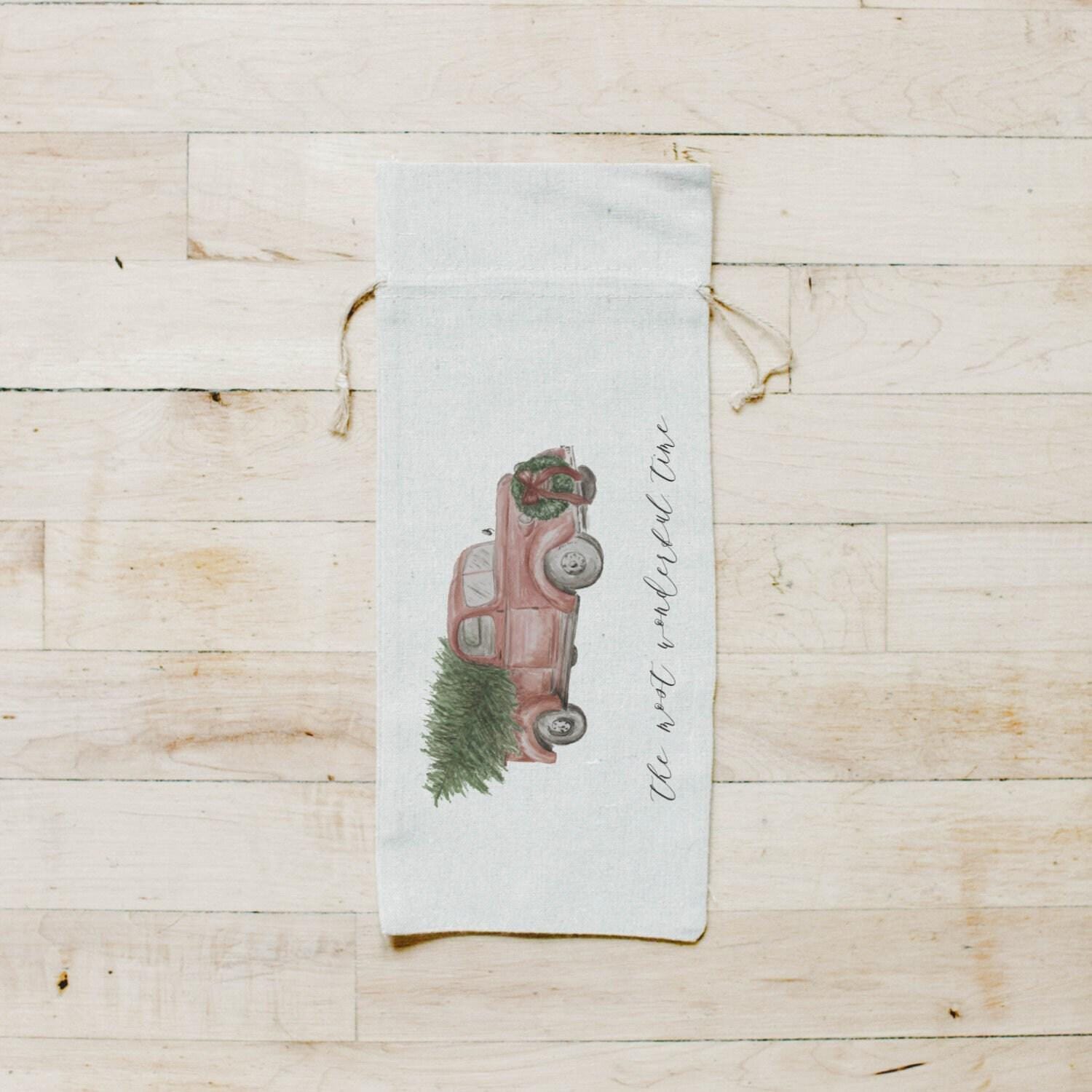 Christmas Wine Bag - The Most Wonderful Time Watercolor, Seasonal Decor, Christmas Gift for Her, Present, Wine Lover, Hostess Gift