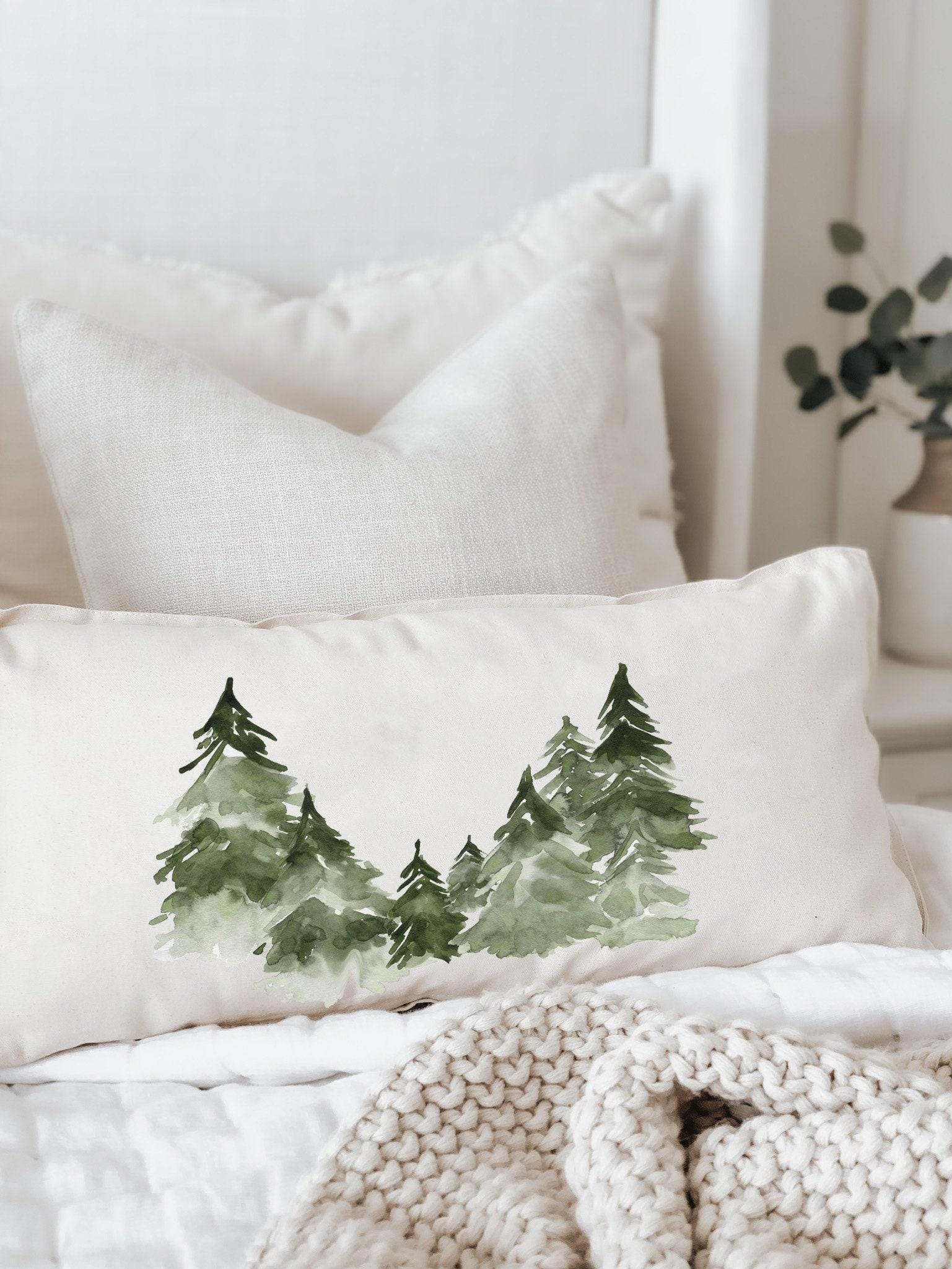 Christmas Lumbar Pillow - Winter Watercolor Forest - Handmade in USA, Organic Cotton, Watercolor Home Decor, Seasonal Decor, Cushion Cover