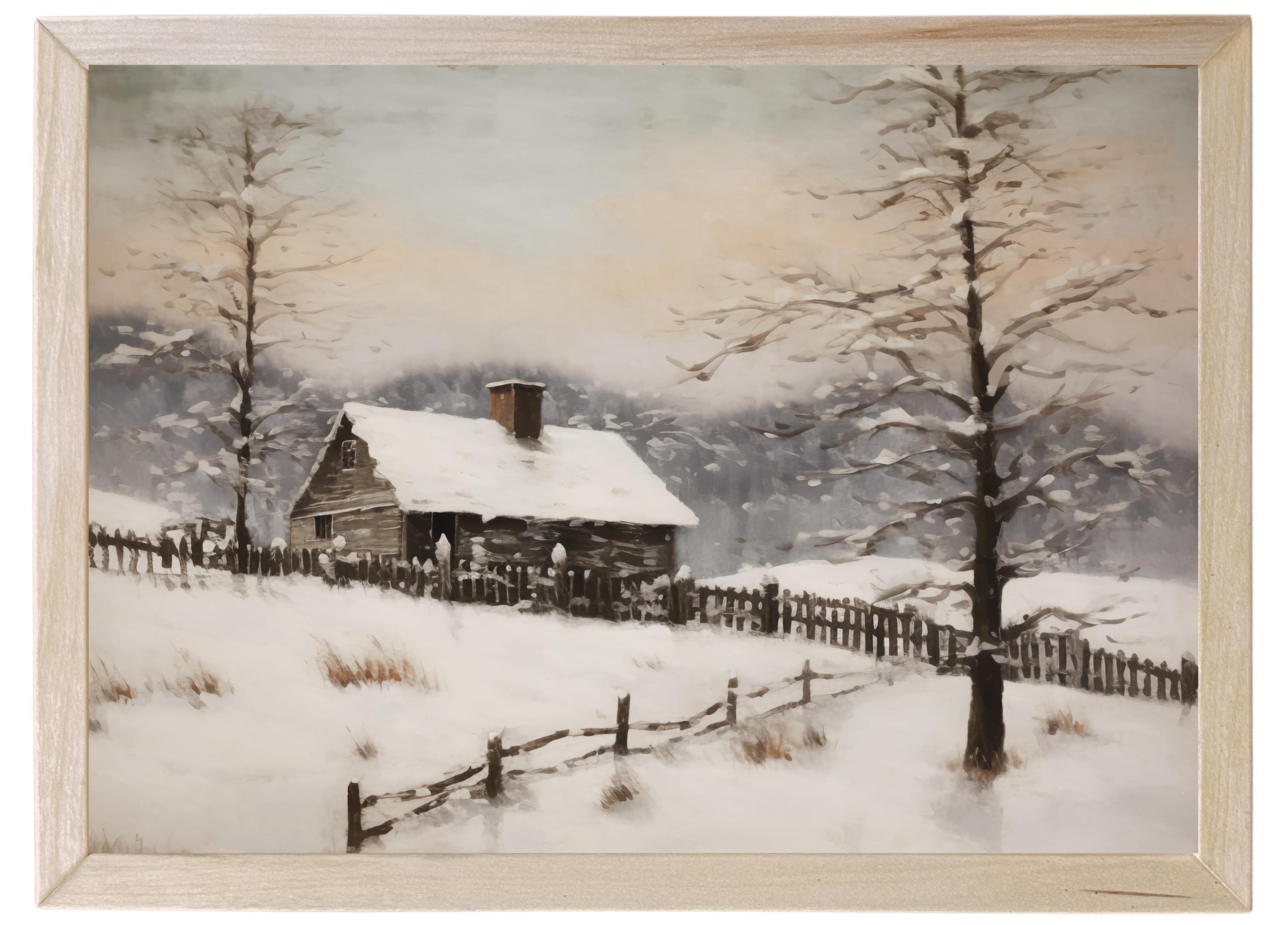 Wood Framed Print - Snowy Cabin - Handmade in USA, gallery wall art, holiday wall art, christmas decor, framed decor