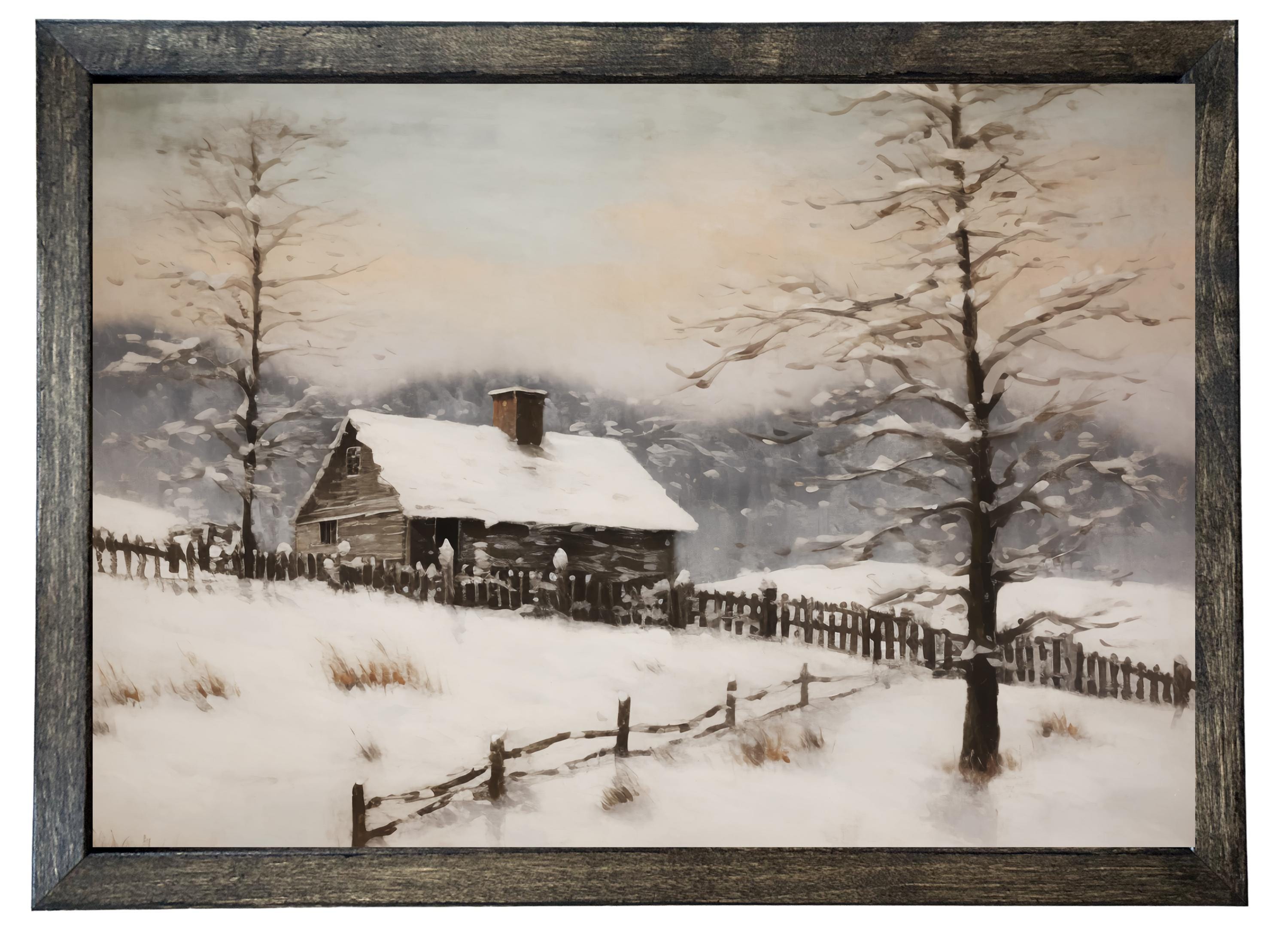 Wood Framed Print - Snowy Cabin - Handmade in USA, gallery wall art, holiday wall art, christmas decor, framed decor