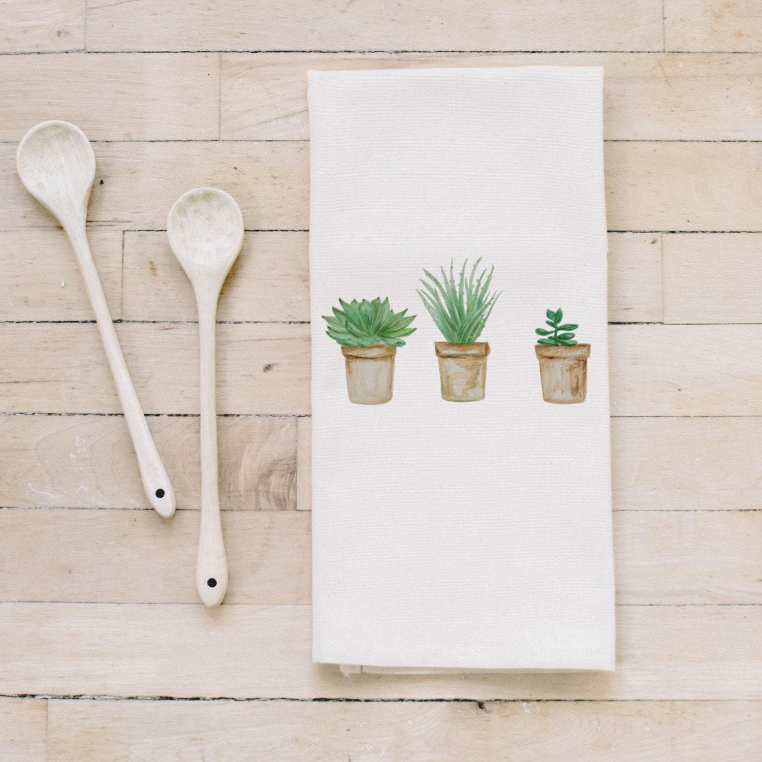Watercolor Potted Succulents Tea Towel - Organic Cotton Kitchen Decor