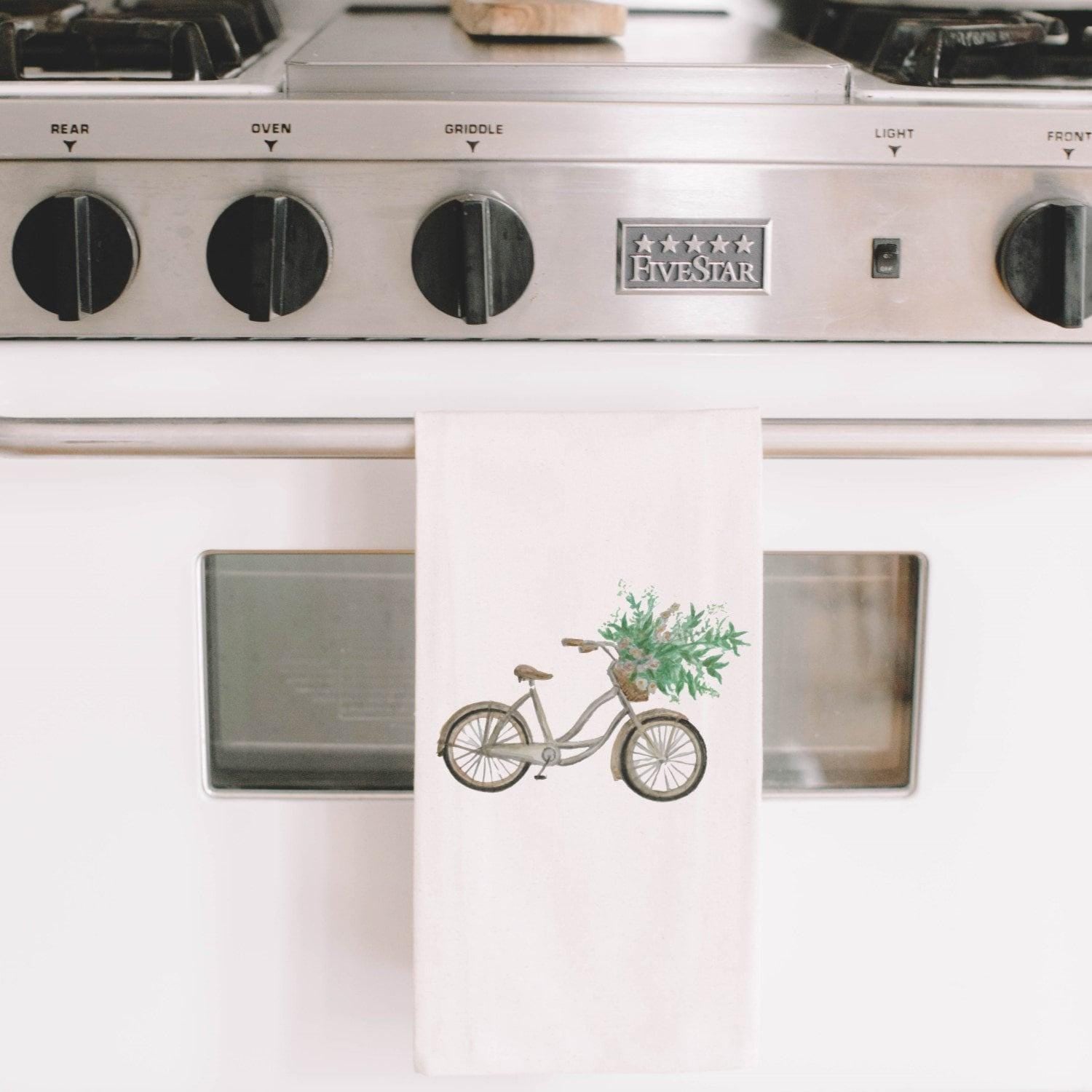 Floral Bike Watercolor Tea Towel - Organic Cotton Kitchen Decor