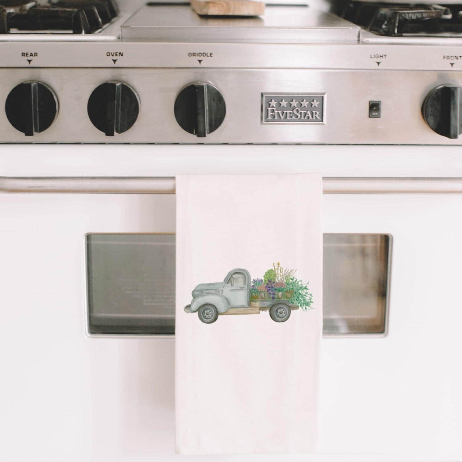 Tea Towel - Floral Truck Watercolor - Made in the USA housewarming gift, kitchen decor, anniversary present, spring, summer