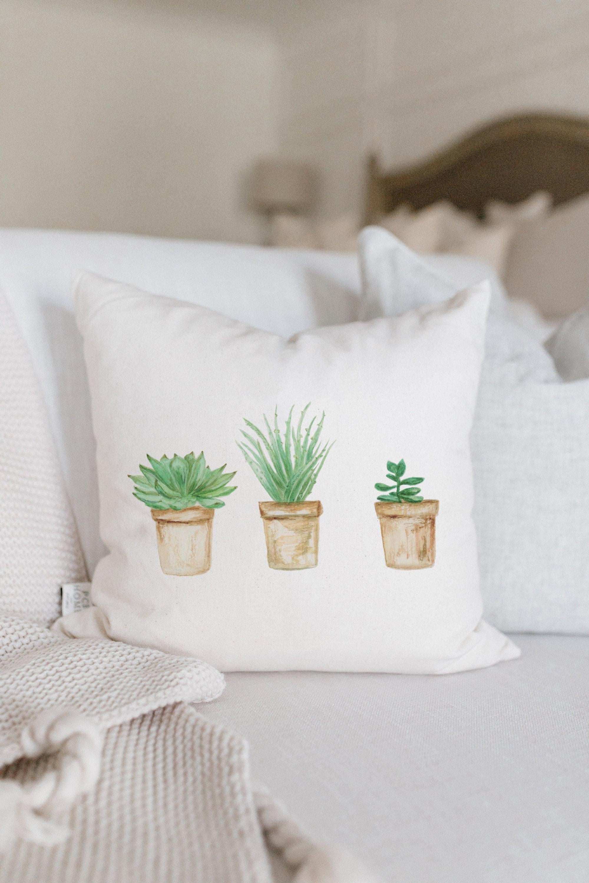 Watercolor Succulents Throw Pillow: Organic Cotton Cushion Cover