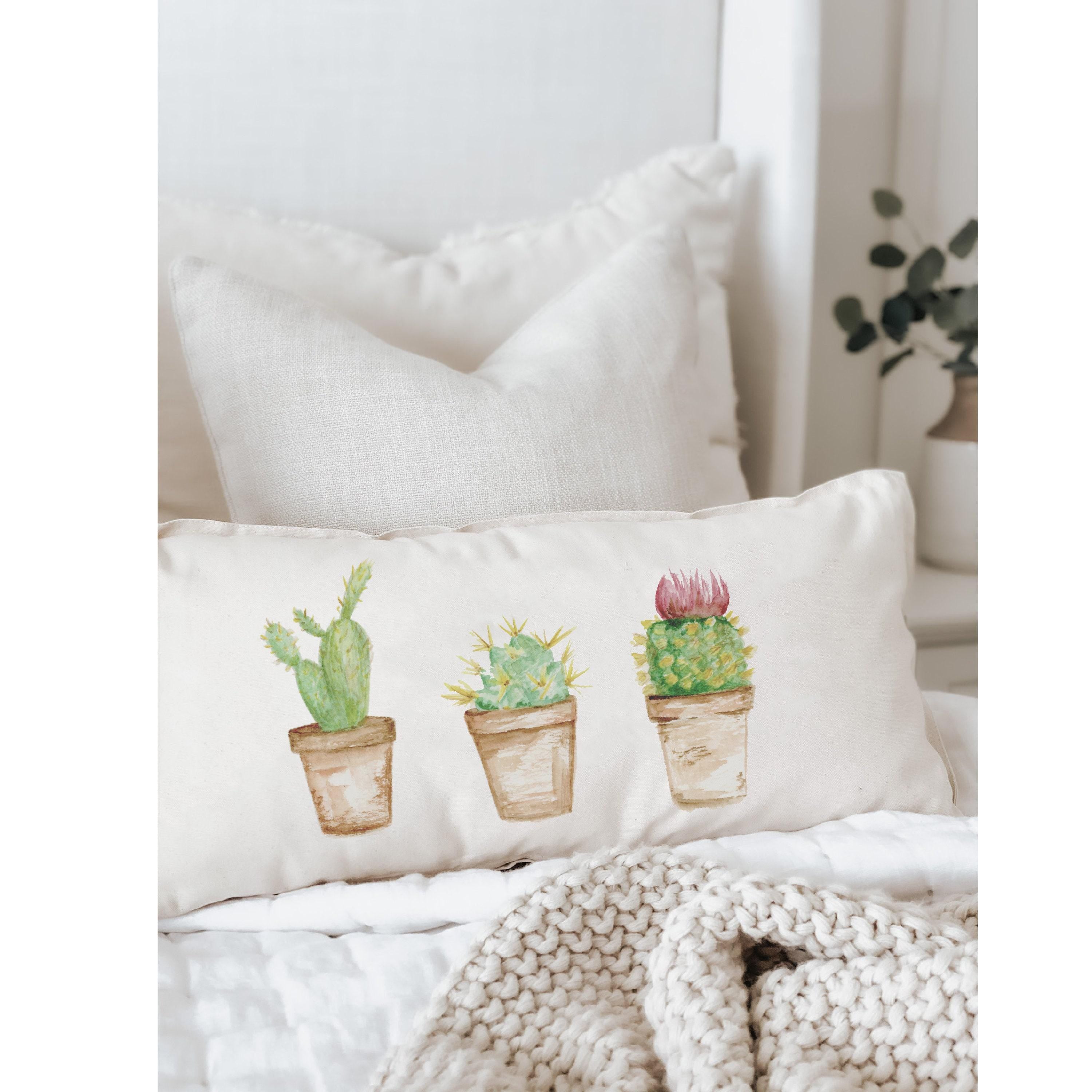 Lumbar Pillow - Cactus Watercolor - Spring, Summer, Handmade in USA, 100% Organic Cotton, Calligraphy Home Décor, Housewarming Gift