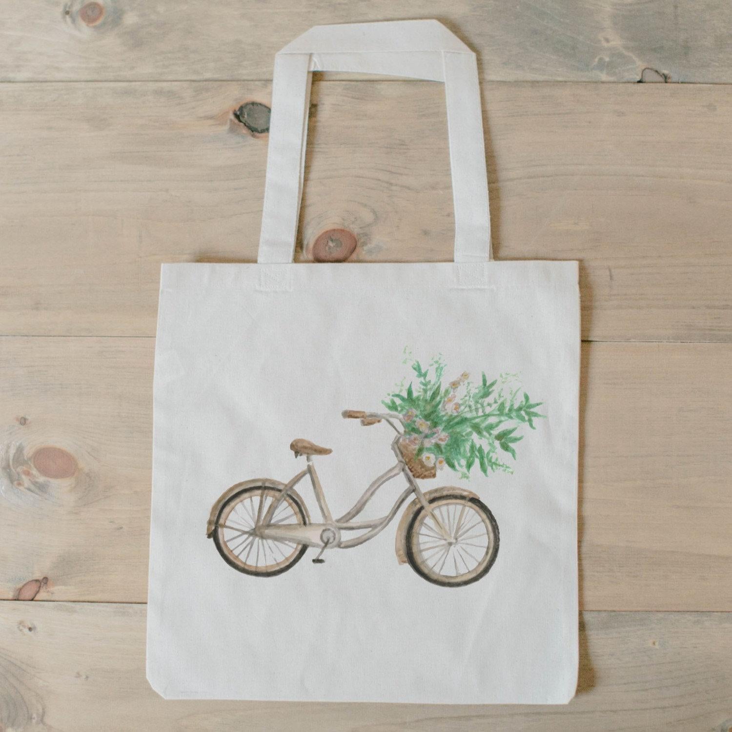 Tote Bag - Flower Bike Basket Watercolor - present, housewarming gift, wedding favor, bridesmaid gift, women's gift