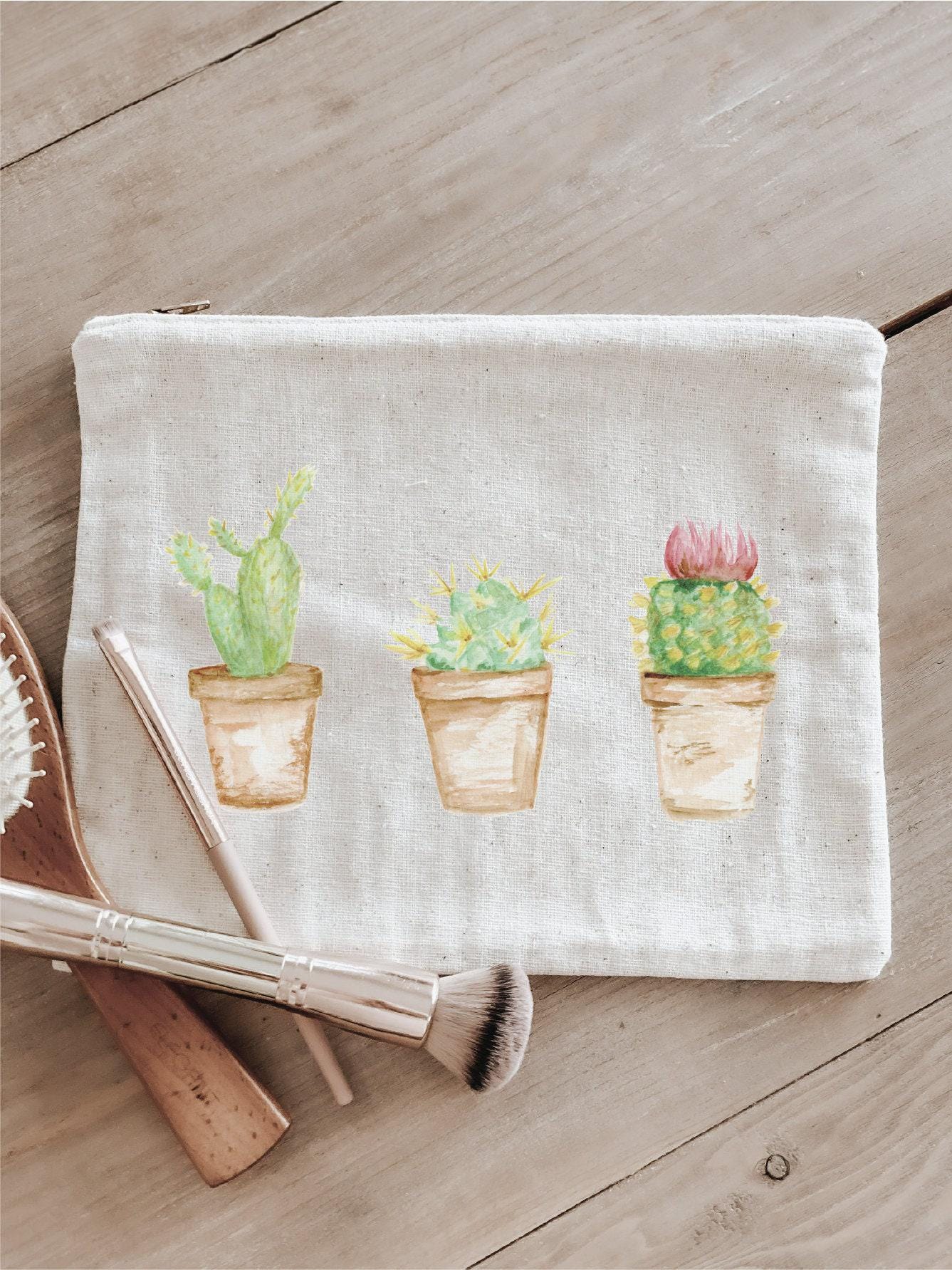 Cosmetic Bag - Cactus Watercolor, Handmade in USA, 100% Organic Cotton, Shop Small, Pencil Case, Bridesmaid Gift, Wedding Favor