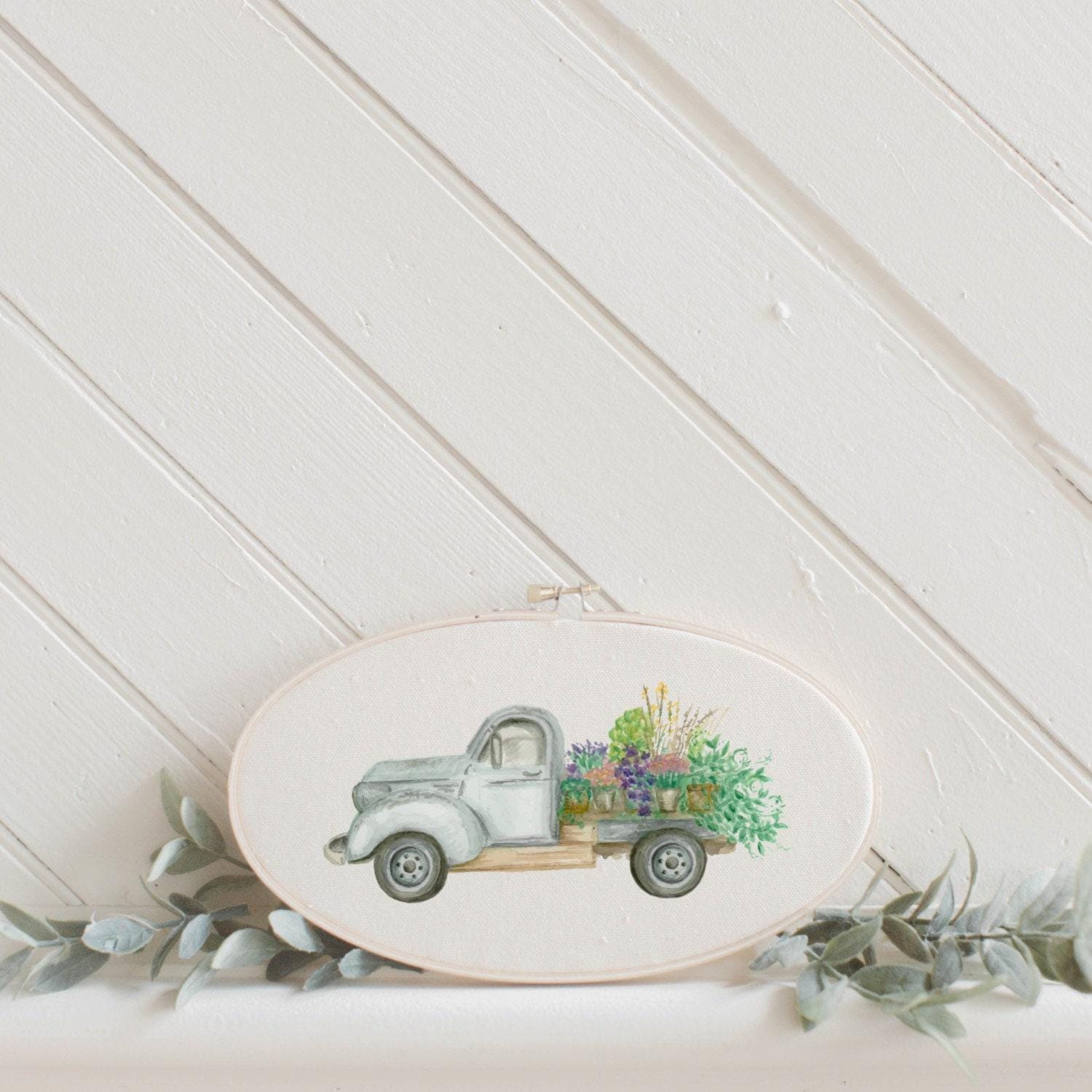 Embroidery Hoop - Floral Truck Watercolor - rustic home decor, gallery wall, framed decor, farmhouse style, wall decor