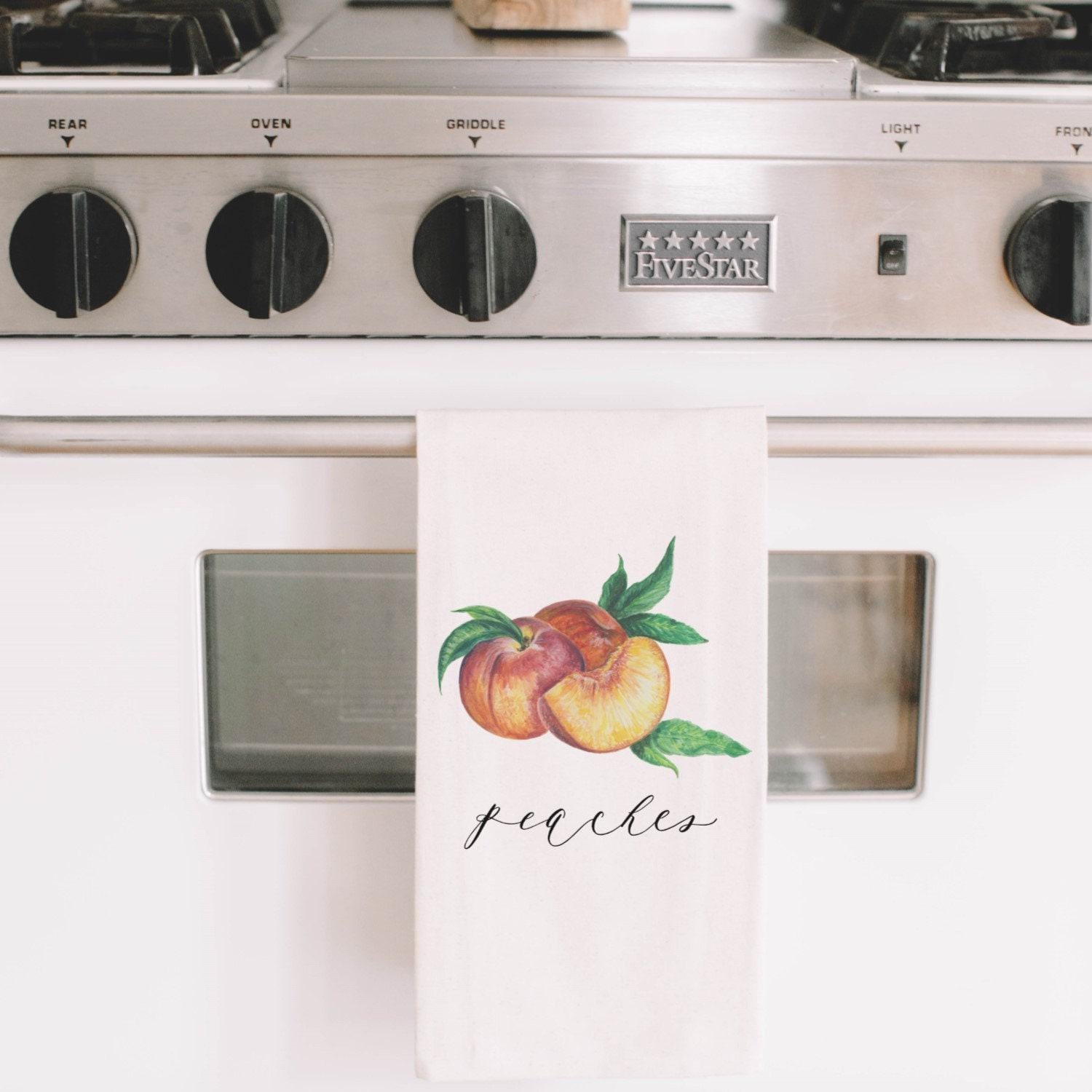 Tea Towel - Peaches Watercolor - Made in the USA housewarming gift, wedding favor, kitchen decor, anniversary present, spring, summer