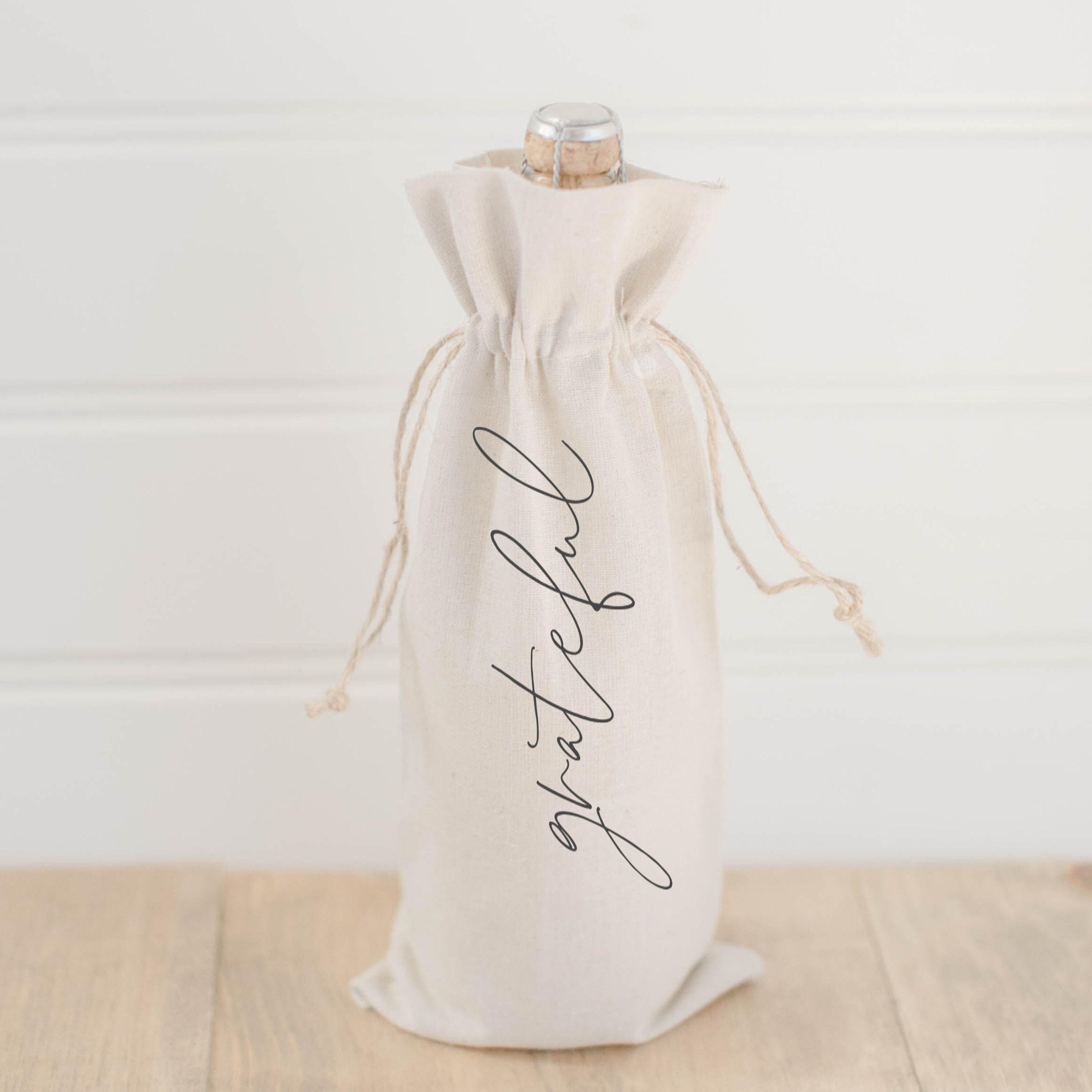 Wine Bag - Grateful, Calligraphy, hostess gift or wedding gift, engagement present