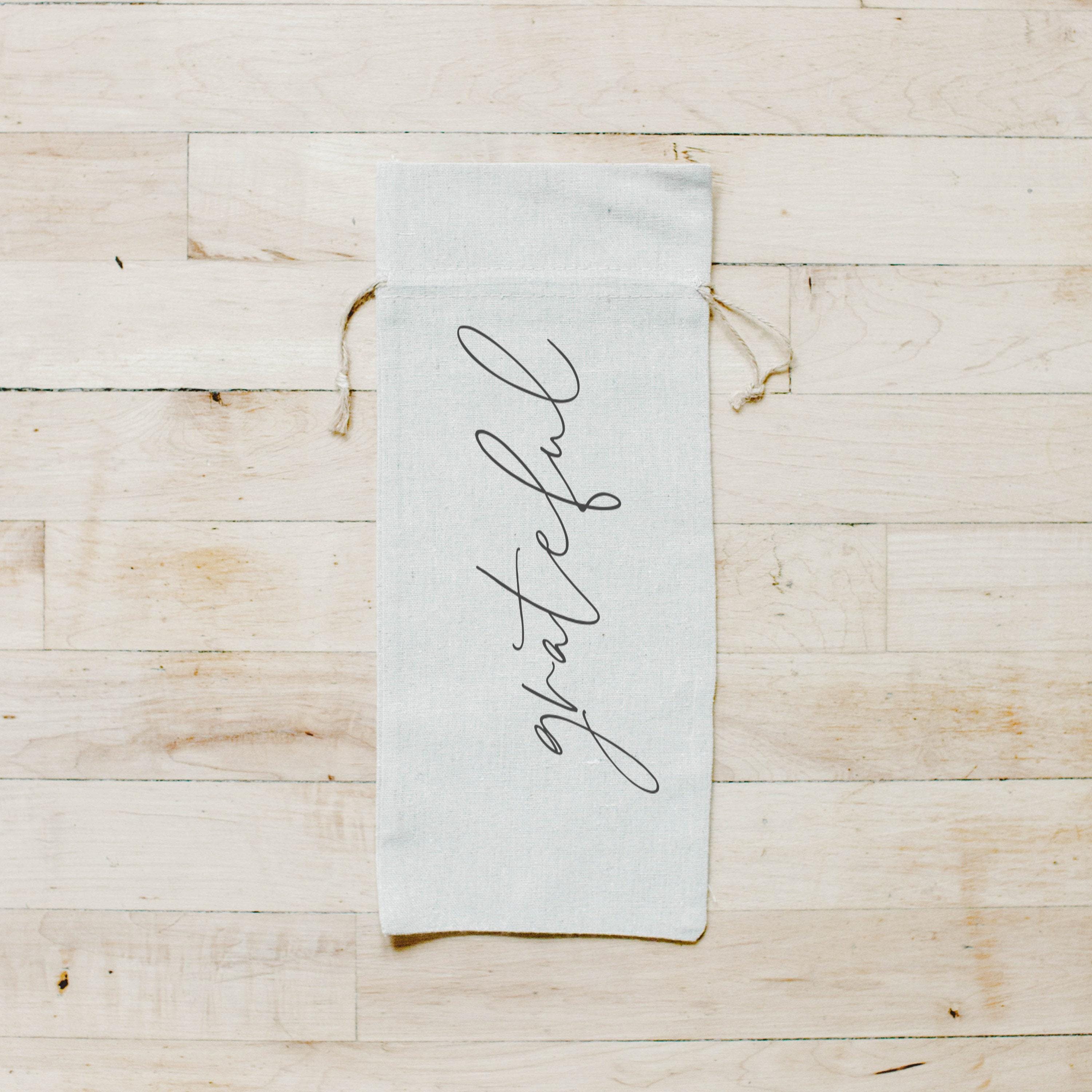 Wine Bag - Grateful, Calligraphy, hostess gift or wedding gift, engagement present