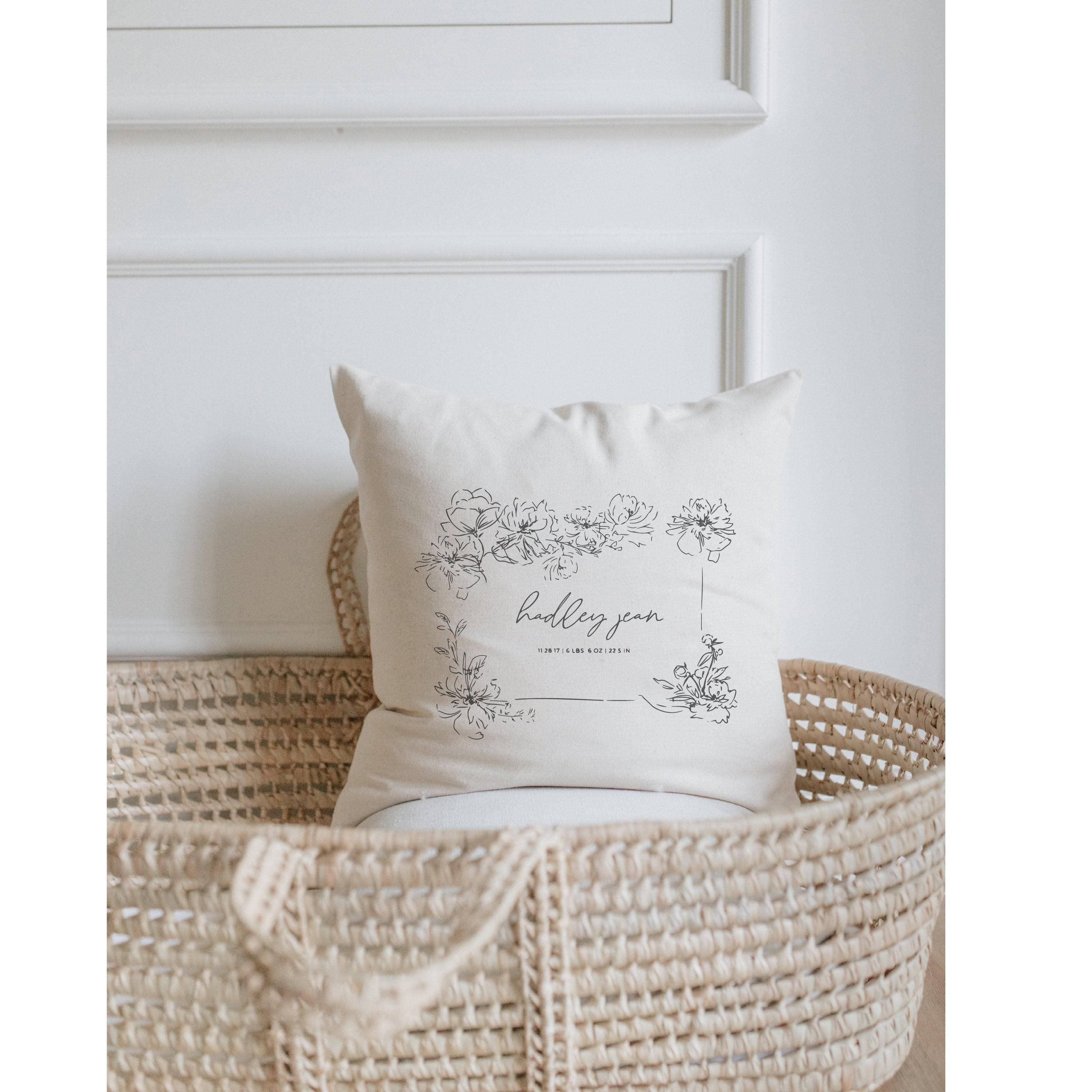 Personalized Birth Stats Pillow: Floral Frame, Organic Cotton Nursery Decor