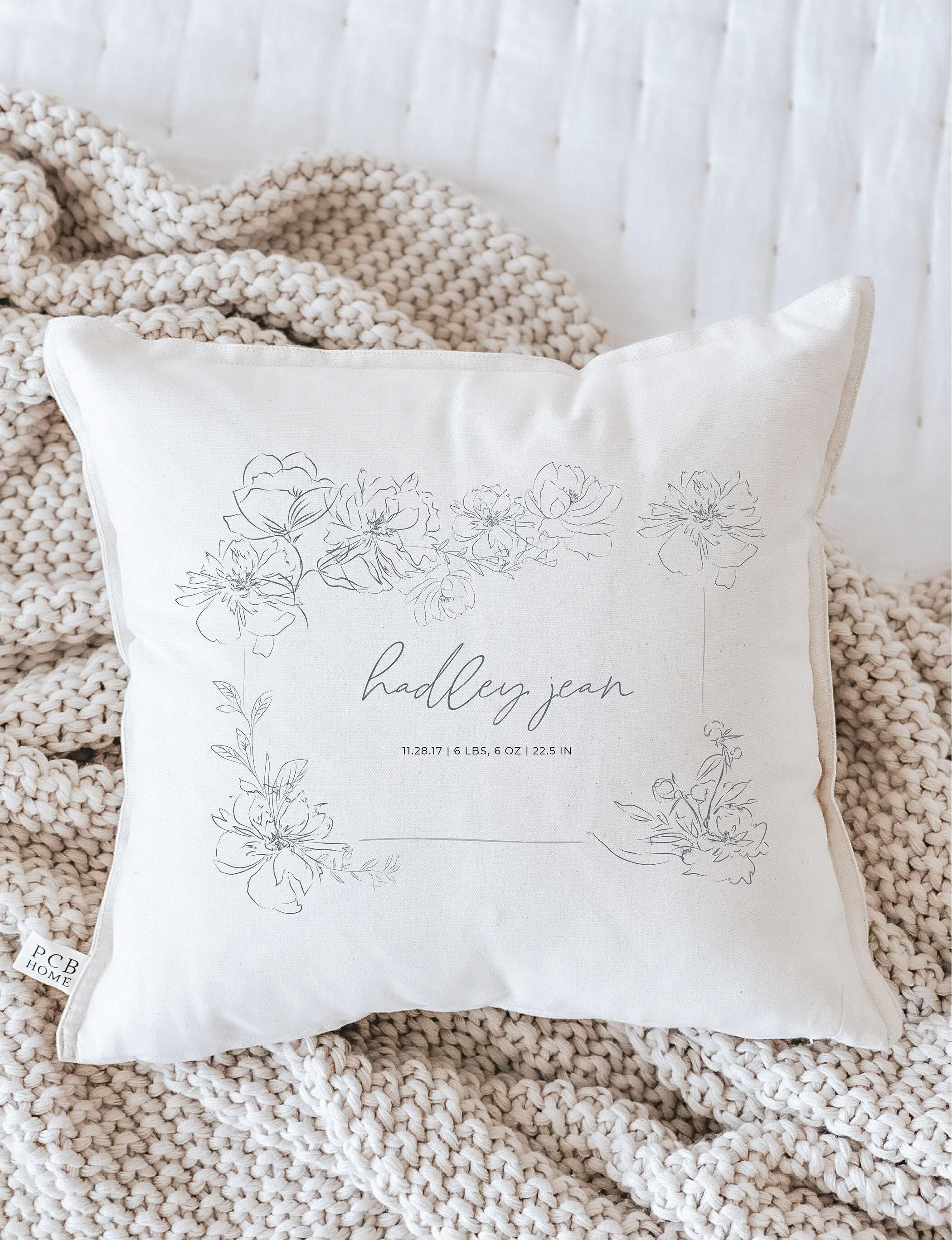 Personalized Birth Stats Pillow: Floral Frame, Organic Cotton Nursery Decor