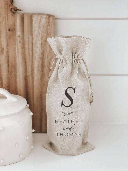 Personalized Linen Wine Bag: Initial & Names, Wedding Favor
